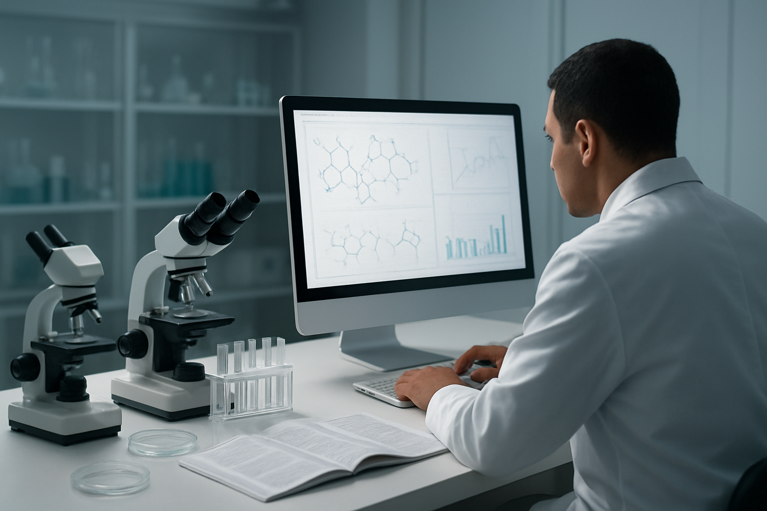 Create a realistic image of a modern scientific laboratory setting with research equipment including microscopes, test tubes with clear liquids, petri dishes, and scientific journals spread across a clean white laboratory bench, with a researcher in a white lab coat examining data on a computer screen showing molecular structures and research graphs, soft fluorescent lighting creating a professional atmosphere, emphasizing the clinical and evidence-based nature of medical research, absolutely NO text should be in the scene.