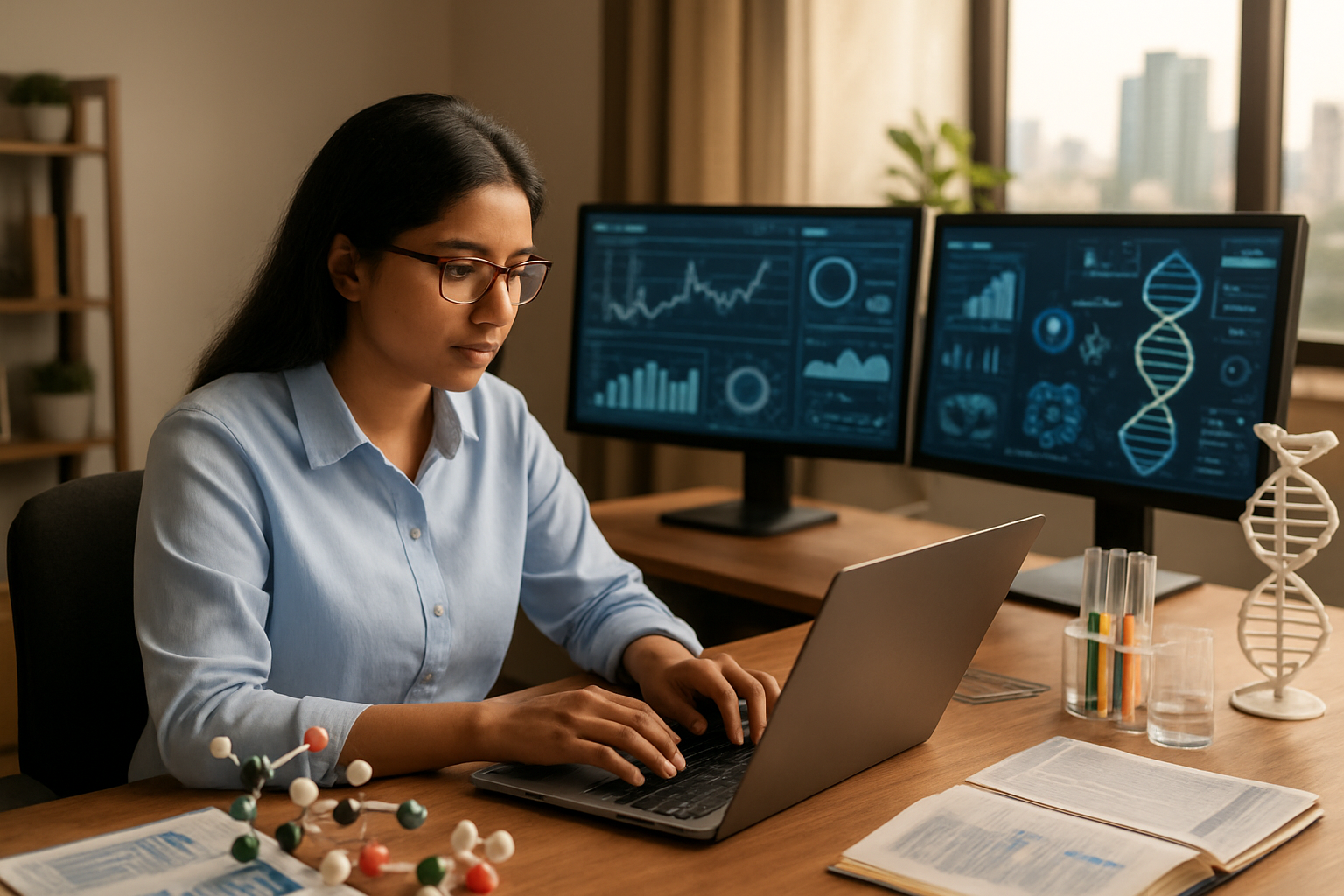 Create a realistic image of a modern Indian office workspace with multiple computer screens displaying scientific data charts, graphs, and analytics dashboards representing the life sciences industry, featuring a South Asian female professional working remotely on a laptop with molecular structure models and laboratory equipment visible on the desk, set against a contemporary home office background with Indian cityscape visible through a window, warm natural lighting creating a productive atmosphere, with DNA helix models, test tubes, and scientific journals scattered around the workspace, conveying a sense of growth and opportunity in the remote biotechnology sector, absolutely NO text should be in the scene.