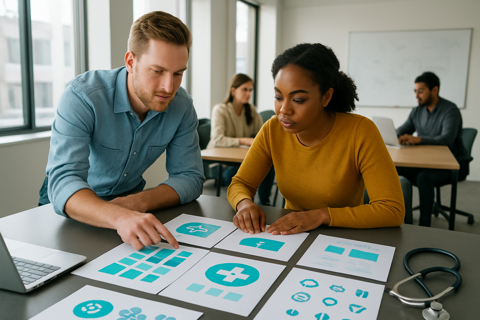 Create a realistic image of a modern startup office environment with a diverse team of entrepreneurs including a white male and black female looking at brand identity materials spread across a sleek conference table, featuring logo concepts, color palettes, and brand guidelines for a healthcare company, with medical icons and stethoscope visible on the table, bright natural lighting from large windows, contemporary office setting with whiteboards and laptops in the background, professional yet creative atmosphere, absolutely NO text should be in the scene.