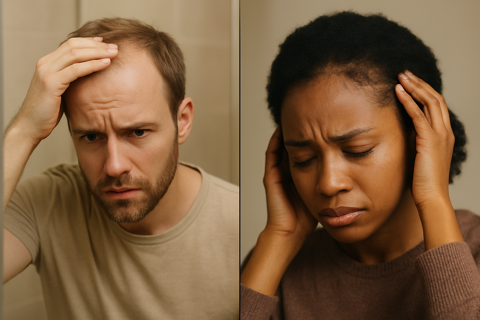 Create a realistic image of a split-screen composition showing the emotional challenges of hair loss across genders, with a white male on the left side looking concerned while examining his receding hairline in a bathroom mirror, and a black female on the right side appearing distressed while gently touching areas of thinning hair on her scalp, both subjects captured in soft natural lighting that emphasizes their vulnerable expressions, set against neutral backgrounds that focus attention on their emotional states, with warm lighting creating an empathetic and understanding atmosphere, absolutely NO text should be in the scene.