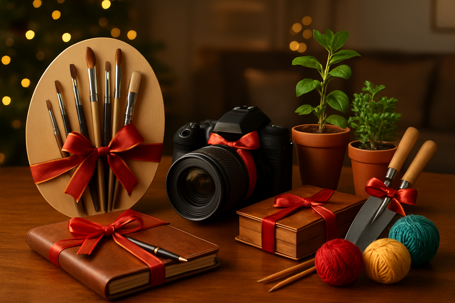 Create a realistic image of an elegant gift display featuring various hobby-related items arranged on a polished wooden table, including a premium set of oil painting brushes and palette, a high-quality camera with lens, gardening tools with potted plants, a leather-bound journal with fountain pen, knitting needles with colorful yarn balls, and a wooden puzzle box, all wrapped with festive red and gold ribbons, soft warm lighting creating gentle shadows, cozy indoor setting with blurred background suggesting a comfortable living room during Christmas season, absolutely NO text should be in the scene.