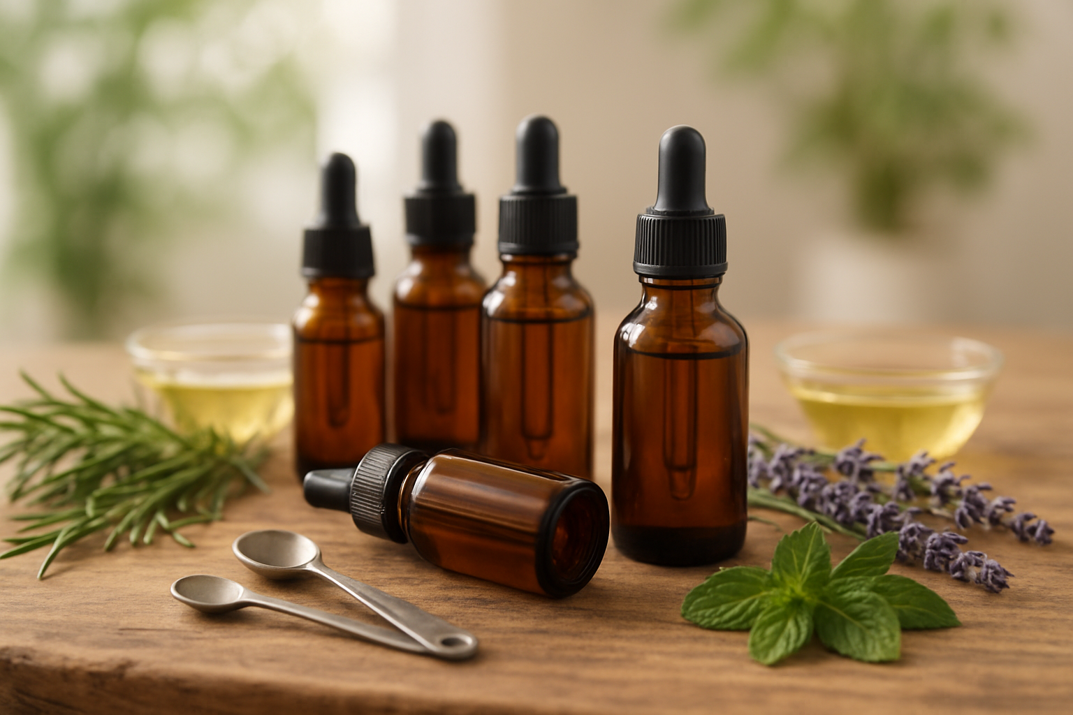 Create a realistic image of several small amber glass bottles containing essential oil blends arranged on a natural wooden surface, with droppers and measuring spoons nearby, surrounded by fresh herbs like rosemary and lavender sprigs, peppermint leaves, and small bowls containing carrier oils, with soft natural lighting creating gentle shadows, in a clean spa-like setting with a blurred botanical background, absolutely NO text should be in the scene.