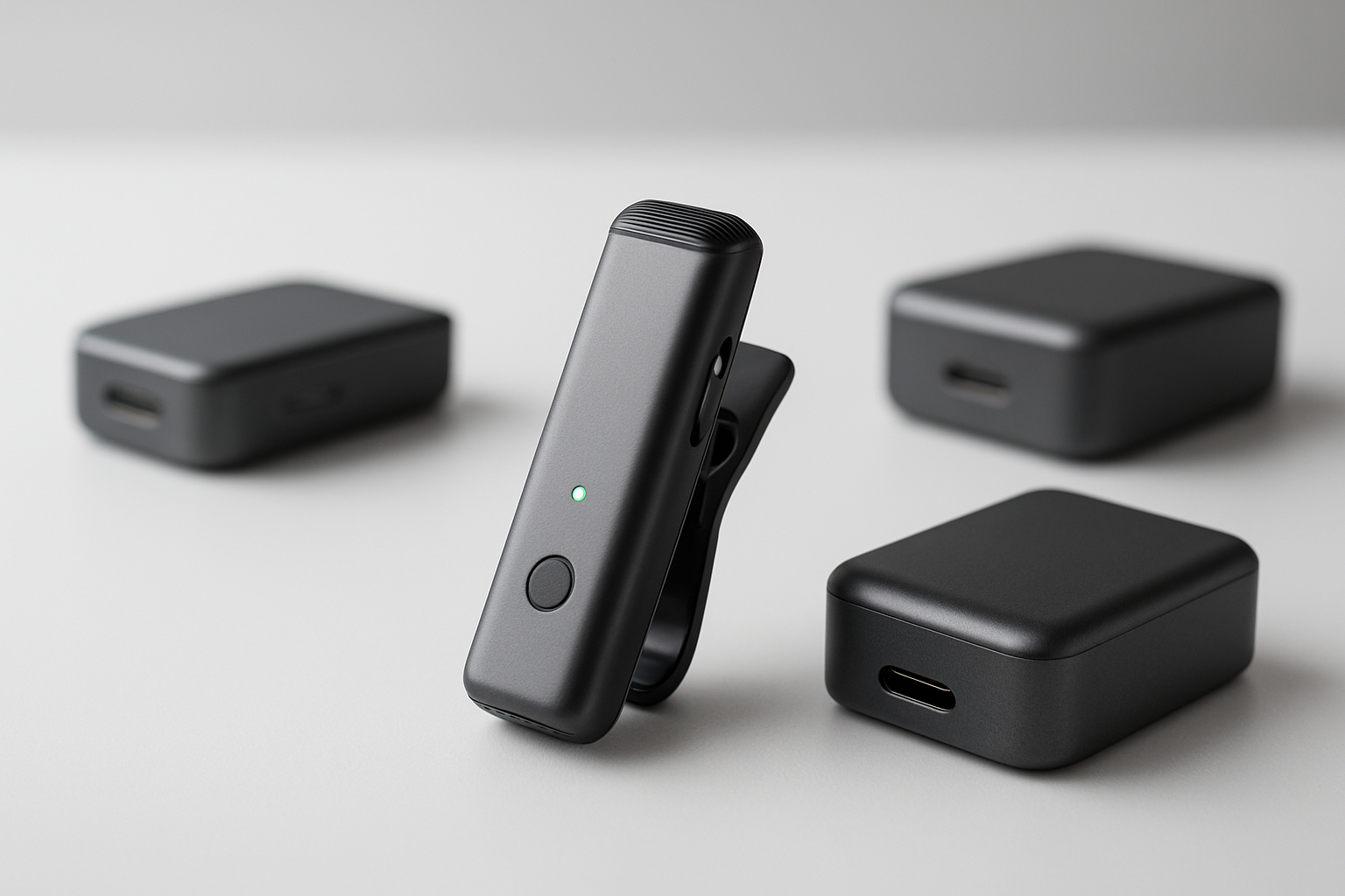 Create a realistic image of a sleek wireless mini microphone as the central focus, showcasing its compact design with visible key features like a clip-on mechanism, LED indicator lights, and wireless transmitter, placed on a clean white surface alongside complementary audio equipment including wireless receivers and charging accessories, with professional studio lighting creating subtle shadows that highlight the microphone's premium build quality and modern metallic finish, shot from a slightly elevated angle in a minimalist tech product photography style with a soft gradient background transitioning from white to light gray, emphasizing the superior craftsmanship and advanced technology of the device, absolutely NO text should be in the scene.