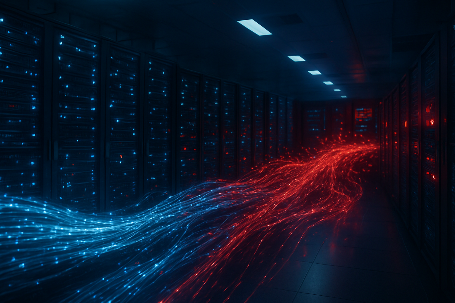 Create a realistic image of a modern data center with rows of server racks and blinking LED lights, where digital network traffic flows are visualized as streams of glowing particles moving through fiber optic cables, with some streams appearing as chaotic red bot traffic overwhelming the blue legitimate user traffic, showing servers with warning indicators and elevated temperature displays, set in a dimly lit server room environment with cool blue ambient lighting and occasional red warning lights, depicting the strain on cloud infrastructure resources. Absolutely NO text should be in the scene.