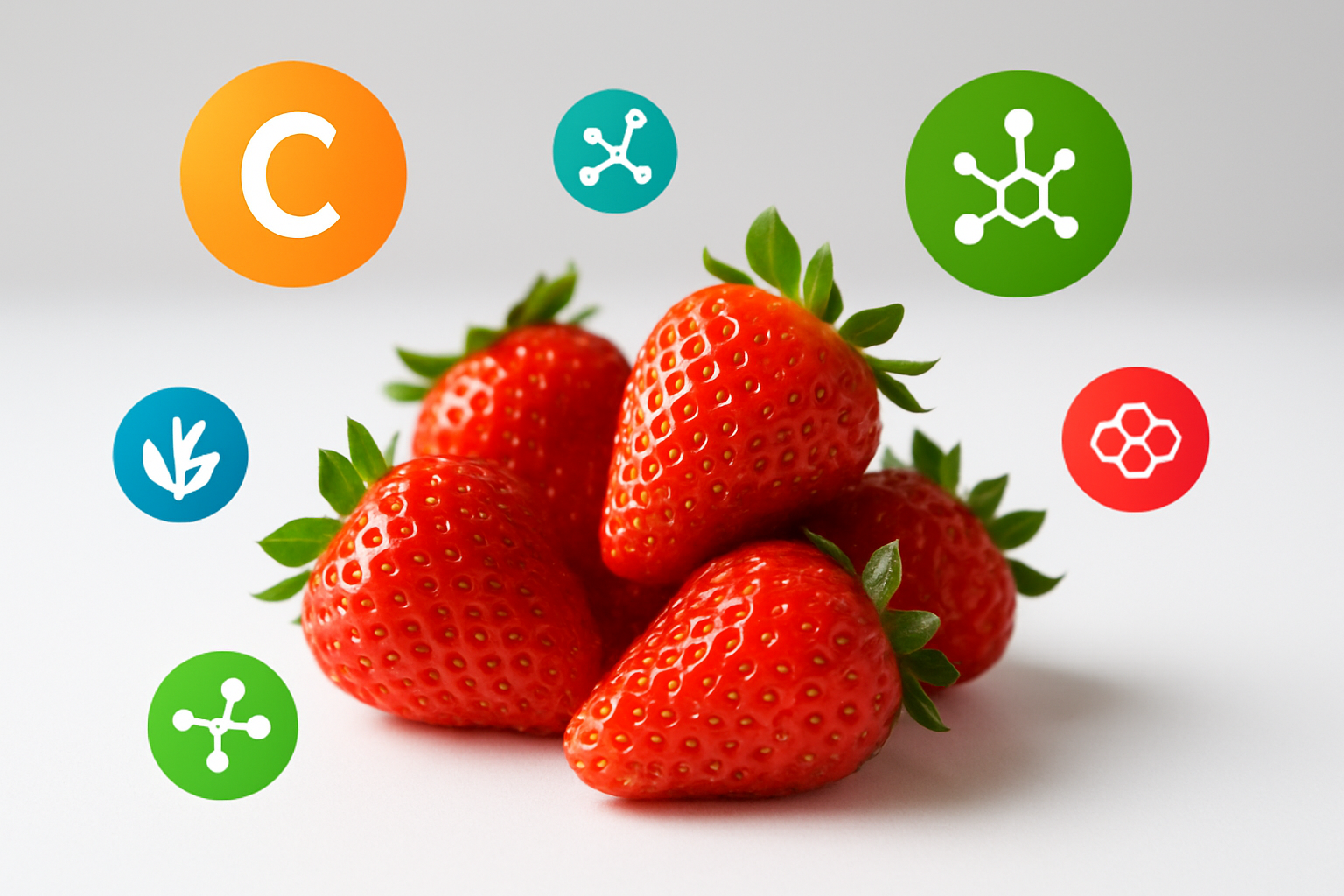 Create a realistic image of fresh red strawberries arranged on a clean white surface with vibrant green leaves, surrounded by colorful icons representing vitamins and nutrients like vitamin C symbols, antioxidant molecules, and fiber representations floating around the strawberries, bright natural lighting highlighting the glossy texture of the berries, clean modern background suggesting health and nutrition, absolutely NO text should be in the scene.