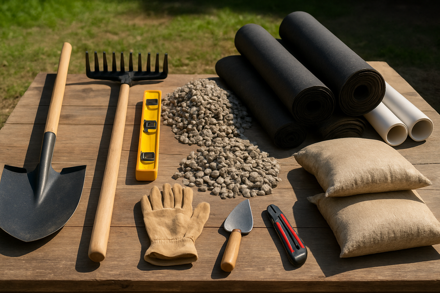 Create a realistic image of essential construction tools and materials neatly arranged on a wooden workbench or ground surface, including a shovel, rake, level tool, measuring tape, work gloves, drainage gravel, sand bags, landscape fabric rolls, PVC drainage pipes, and basic hand tools like a trowel and utility knife, with outdoor lighting suggesting a backyard setting and clean organized presentation showing professional preparation for a landscaping project, absolutely NO text should be in the scene.