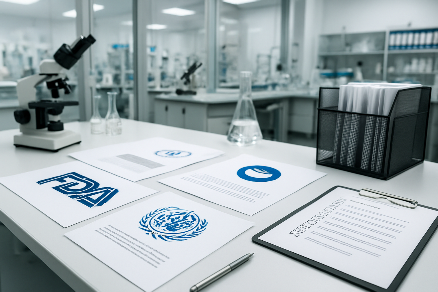 Create a realistic image of a modern pharmaceutical laboratory with regulatory compliance documents and guidelines spread across a clean white desk, featuring official regulatory agency logos and symbols, pharmaceutical equipment like microscopes and testing apparatus in the background, bright professional lighting with a sterile clinical atmosphere, glass beakers and scientific instruments visible on laboratory benches, organized filing systems and compliance checklists nearby, conveying a sense of precision and regulatory adherence in the biopharma industry, absolutely NO text should be in the scene.