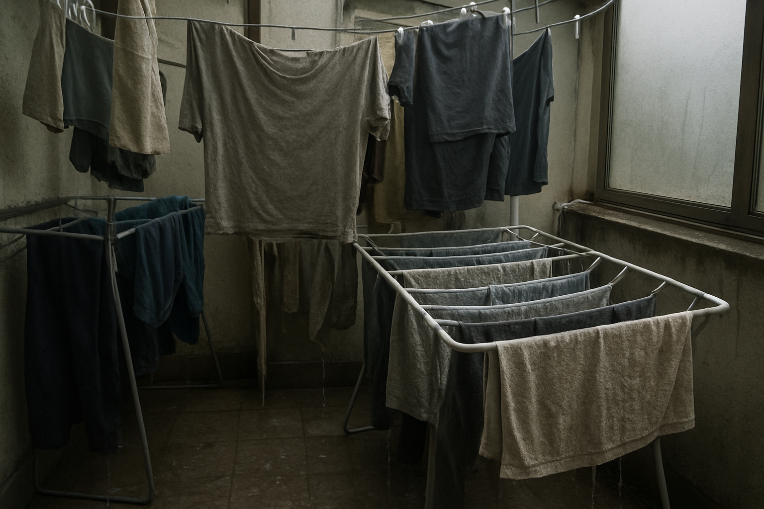 Create a realistic image of a cramped small apartment balcony cluttered with wet laundry hanging on multiple drying racks and clotheslines, showing clothes dripping water onto the floor, overcrowded space with barely any room to move, damp towels and shirts hanging limply in still air, condensation visible on nearby windows, creating a sense of frustration and inefficiency in the confined outdoor space, overcast lighting suggesting poor drying conditions, absolutely NO text should be in the scene.