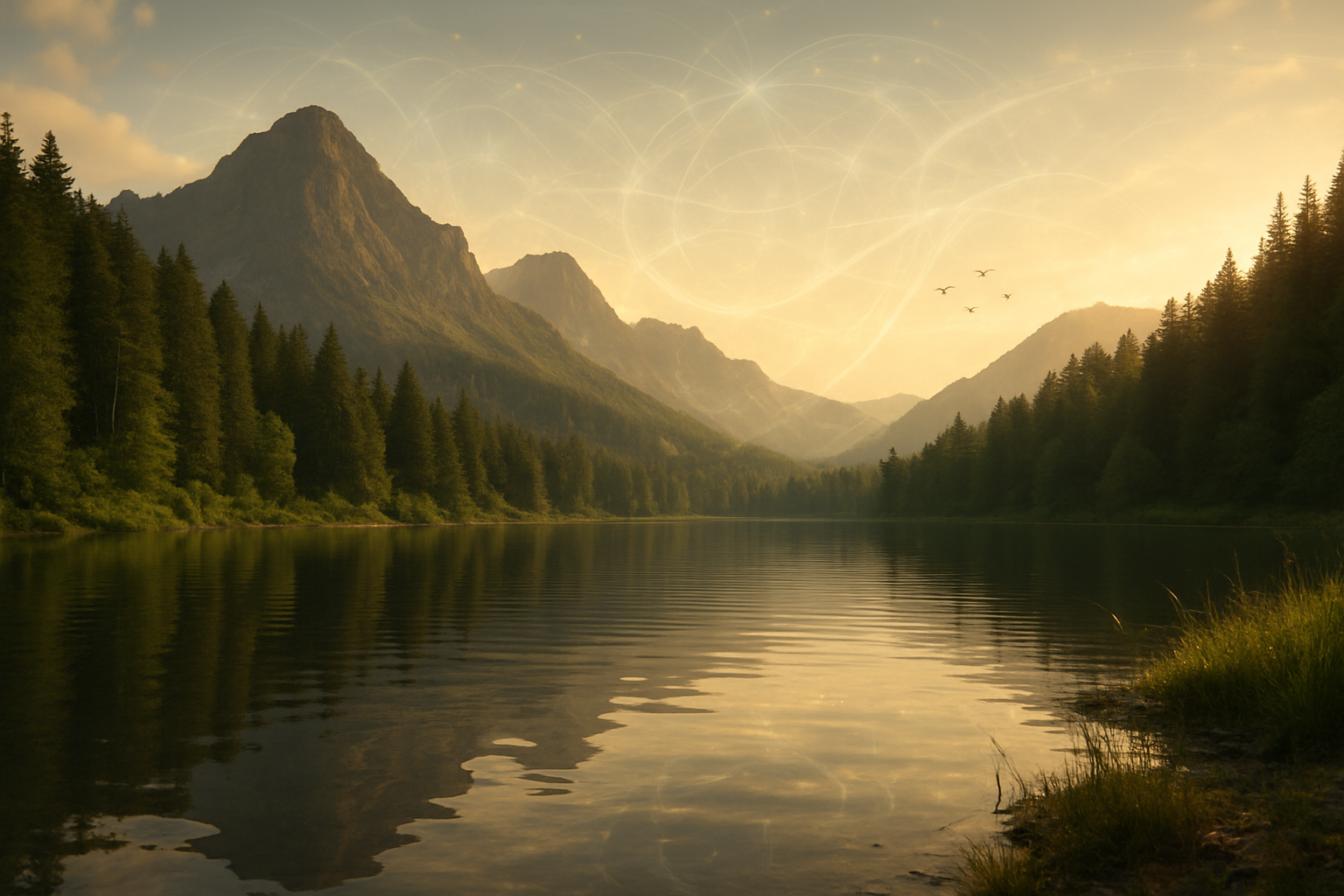 Create a realistic image of a serene natural environment with a peaceful lake reflecting towering mountains and lush green forest, featuring subtle scientific elements like floating geometric patterns of light particles or energy waves in the air representing the connection between nature and human wellbeing, soft golden hour lighting creating a warm and grounding atmosphere, with gentle ripples on the water surface and a few birds flying in the distance, shot from a ground level perspective to emphasize the immersive feeling of being grounded in nature, absolutely NO text should be in the scene.