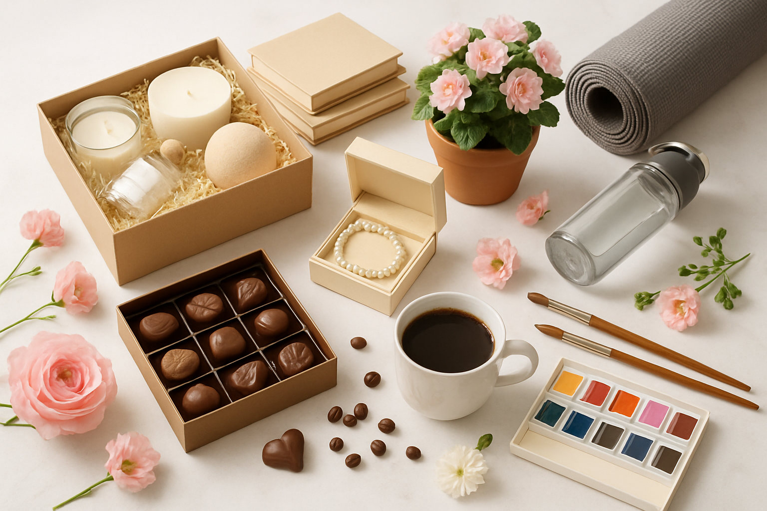 Create a realistic image of an elegant flat lay arrangement showcasing diverse Mother's Day gifts including a spa gift set with candles and bath products, a stack of books, a potted flowering plant, a jewelry box with pearls, gourmet chocolates in an open box, a coffee mug with coffee beans scattered around, workout accessories like yoga mat and water bottle, and art supplies including paintbrushes and watercolors, all artfully arranged on a soft white marble surface with natural lighting creating gentle shadows, surrounded by fresh pink and white flowers, conveying a warm and thoughtful mood perfect for gift-giving inspiration, absolutely NO text should be in the scene.