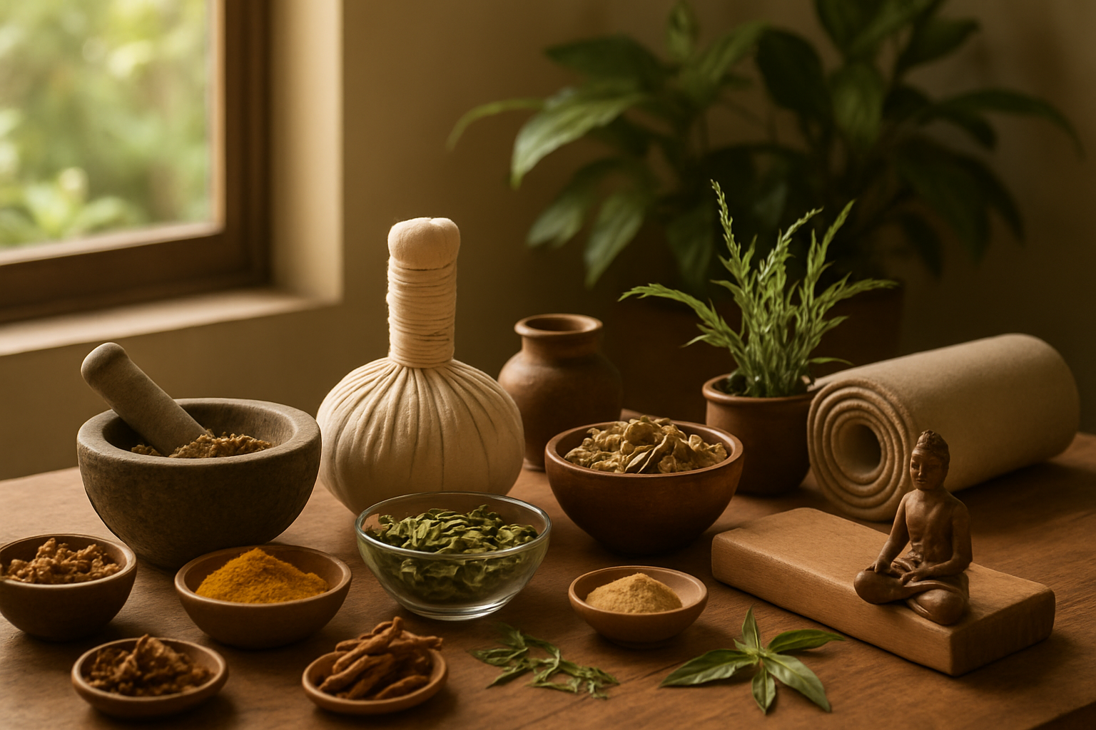 Create a realistic image of a serene wellness scene featuring traditional Indian healing elements with ayurvedic herbs, medicinal plants, yoga props, and natural health symbols arranged on a wooden table, soft natural lighting streaming through a window, peaceful atmosphere with green plants in the background, warm earthy tones, depicting holistic health and wellness concepts, absolutely NO text should be in the scene.