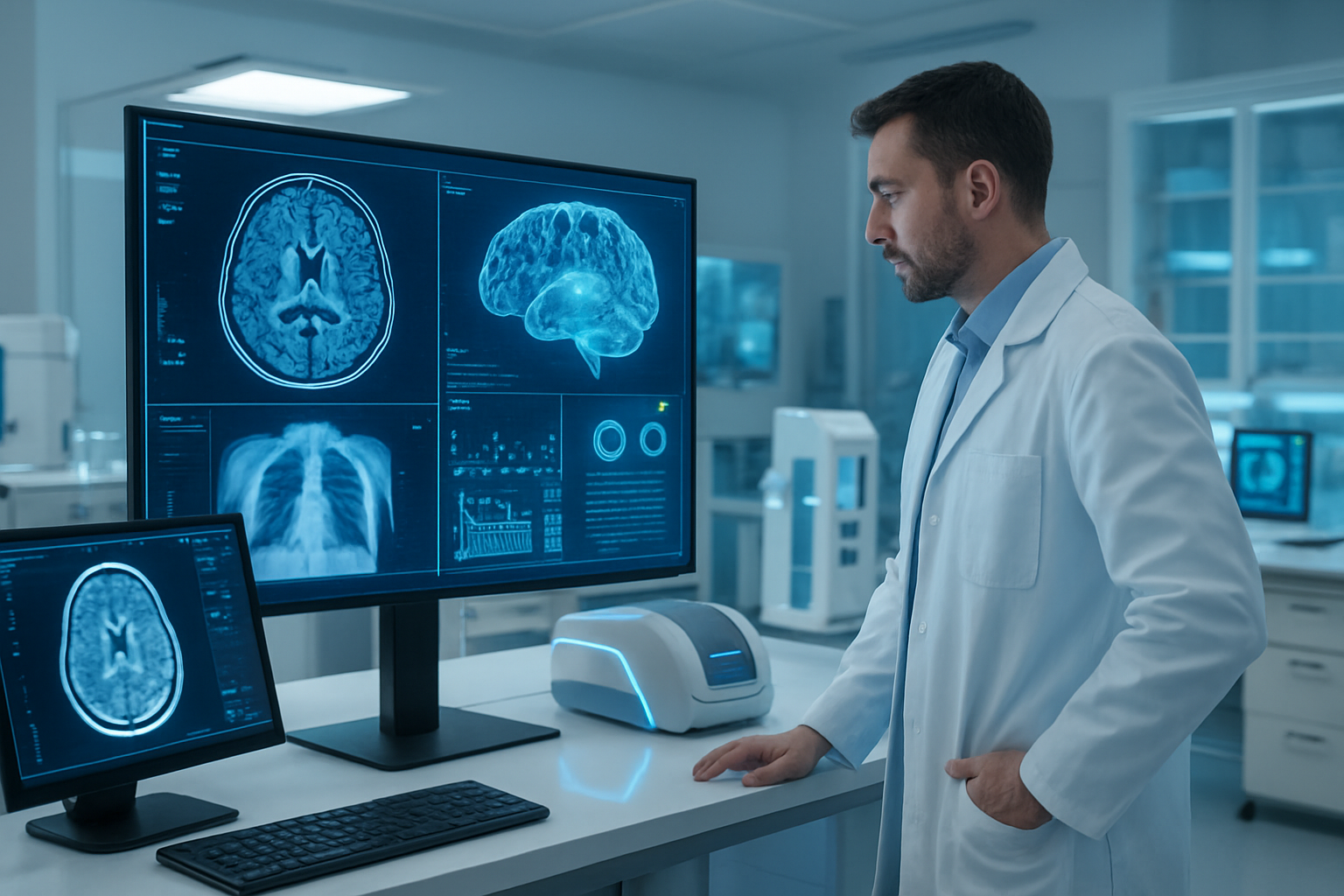 Create a realistic image of a modern medical laboratory with advanced AI diagnostic equipment including computer screens displaying medical scans, brain imaging, and data visualization charts, a white male doctor in a lab coat analyzing results on a large monitor, high-tech medical devices with glowing blue LED indicators, clean white and blue color scheme, bright professional lighting, futuristic atmosphere conveying technological advancement in healthcare, absolutely NO text should be in the scene.