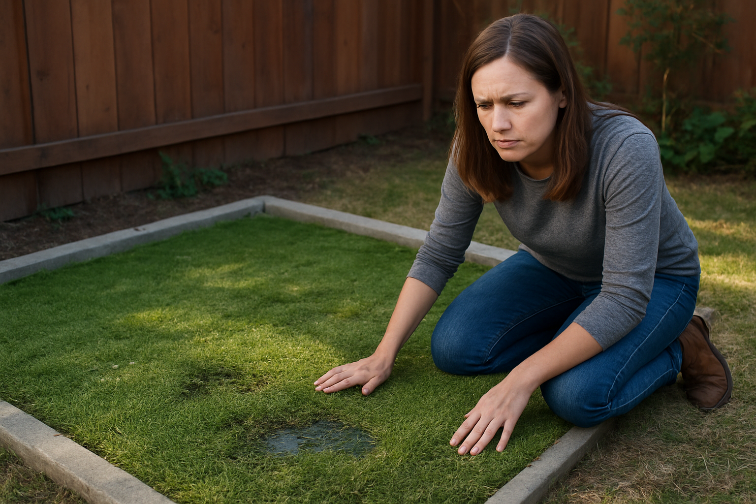 Create a realistic image of an artificial grass dog potty area showing visible wear and maintenance issues, including slightly discolored synthetic turf with some matted sections, a few loose edges, subtle odor indicators represented by small flies hovering above, drainage problems shown by small puddles of water on the surface, and a concerned white female dog owner kneeling beside the area examining the problematic spots with a worried expression, set in a backyard environment with natural lighting casting shadows that emphasize the imperfections. Absolutely NO text should be in the scene.