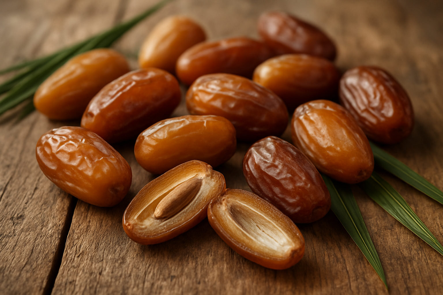 Create a realistic image of fresh date fruits arranged naturally on a rustic wooden surface, showing various stages of ripeness from golden brown to deep amber colors, with some dates cut in half to reveal their sweet flesh and pit, surrounded by a few green date palm leaves, soft natural lighting creating gentle shadows, warm earthy tones throughout the composition, close-up detailed view emphasizing the natural texture and glossy appearance of the dates, absolutely NO text should be in the scene.