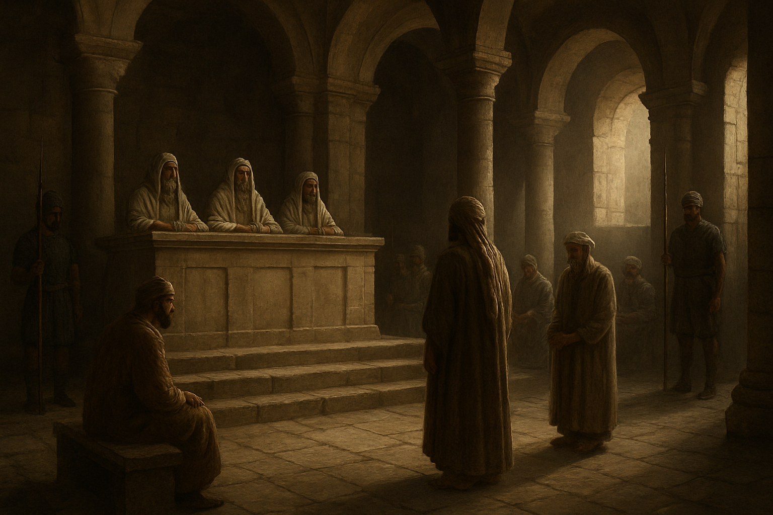 Create a realistic image of an ancient Middle Eastern courtyard or hall with stone columns and arches, featuring a formal trial scene with robed figures including judges seated at an elevated platform, guards standing at attention, and other officials in traditional first-century attire, with dramatic lighting filtering through windows or openings creating shadows across the stone floor, conveying a solemn and tense atmosphere of legal proceedings in ancient times, absolutely NO text should be in the scene.