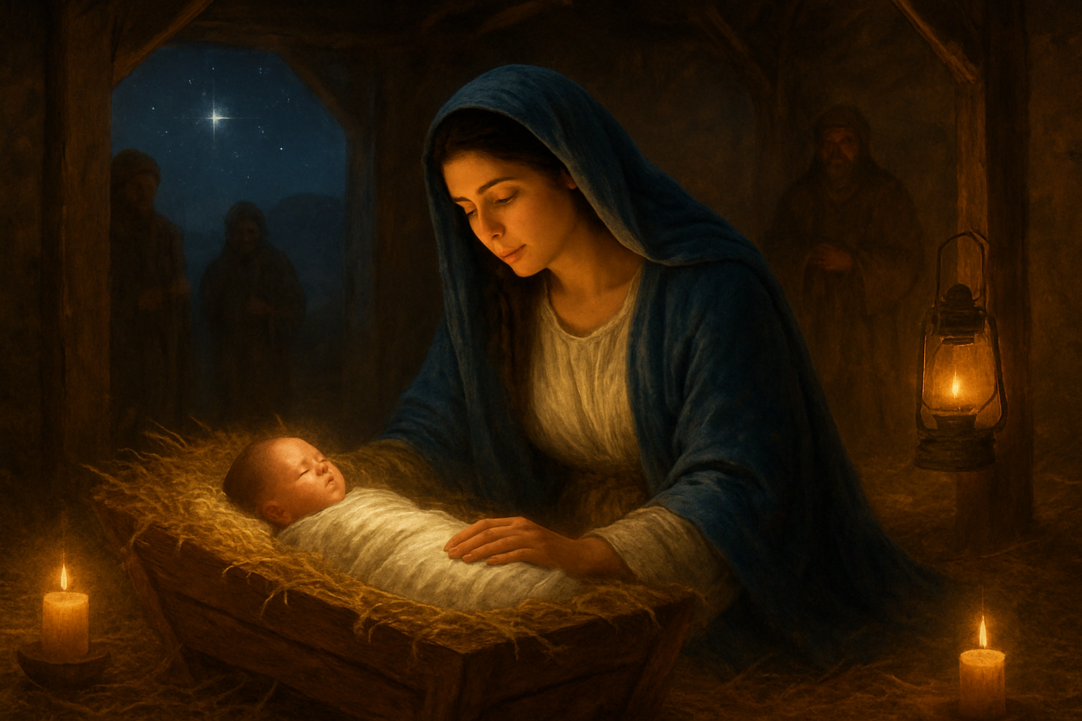 Create a realistic image of a peaceful nativity scene with a gentle Middle Eastern woman with dark hair wearing flowing blue and white robes kneeling beside a wooden manger containing a newborn baby, surrounded by soft golden candlelight and warm lantern glow, with shepherd figures in the background, hay scattered on the ground, and a starry night sky visible through an open stable entrance, conveying a sense of divine reverence, maternal love, and spiritual significance in warm earth tones and soft lighting that emphasizes the sacred nature of the moment, absolutely NO text should be in the scene.