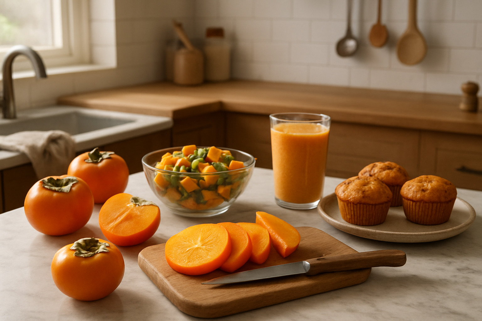 Create a realistic image of a modern kitchen counter with various persimmon fruit preparations including fresh whole orange persimmons, sliced persimmon pieces on a wooden cutting board, a glass bowl of persimmon salad, persimmon smoothie in a clear glass, and persimmon baked goods on a ceramic plate, with kitchen utensils and ingredients scattered around, warm natural lighting from a window creating soft shadows, cozy homey atmosphere with wooden and marble textures, absolutely NO text should be in the scene.