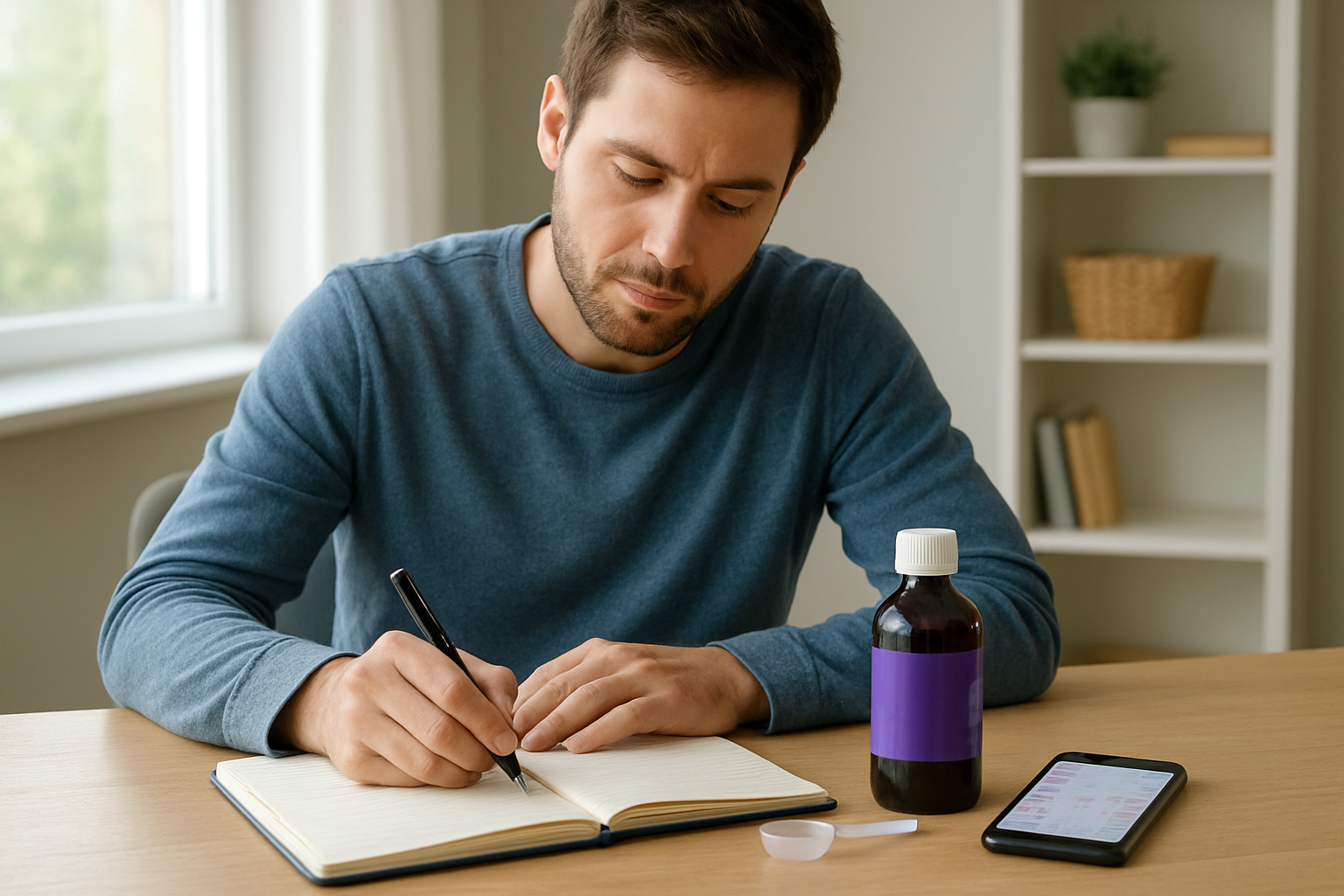 Create a realistic image of a white male in his 30s sitting at a clean wooden desk writing in an open notebook with a pen, with a bottle of purple cough syrup and a measuring spoon nearby, alongside a smartphone displaying a calendar app showing the first two weeks marked, in a well-lit home office setting with natural daylight coming through a window, conveying a methodical and organized mood of someone documenting their daily observations, absolutely NO text should be in the scene.
