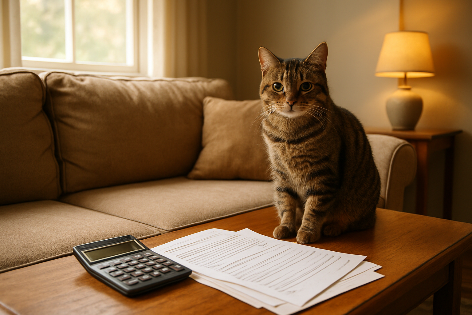 Create a realistic image of a cozy living room scene with a cute tabby cat sitting on a comfortable sofa next to financial documents and a calculator on a coffee table, with adoption paperwork visible, warm natural lighting coming through a window, creating a welcoming home atmosphere that suggests the financial planning aspect of pet adoption, absolutely NO text should be in the scene.