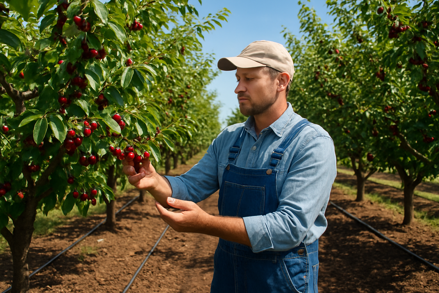 Create a realistic image of a well-maintained cherry orchard with rows of mature cherry trees heavy with ripe red cherries, showing proper spacing between trees, a white male farmer in work clothes inspecting the fruit quality, rich dark soil with irrigation systems visible, bright natural daylight with clear blue sky, demonstrating professional agricultural cultivation methods with pruned branches and healthy foliage, absolutely NO text should be in the scene.