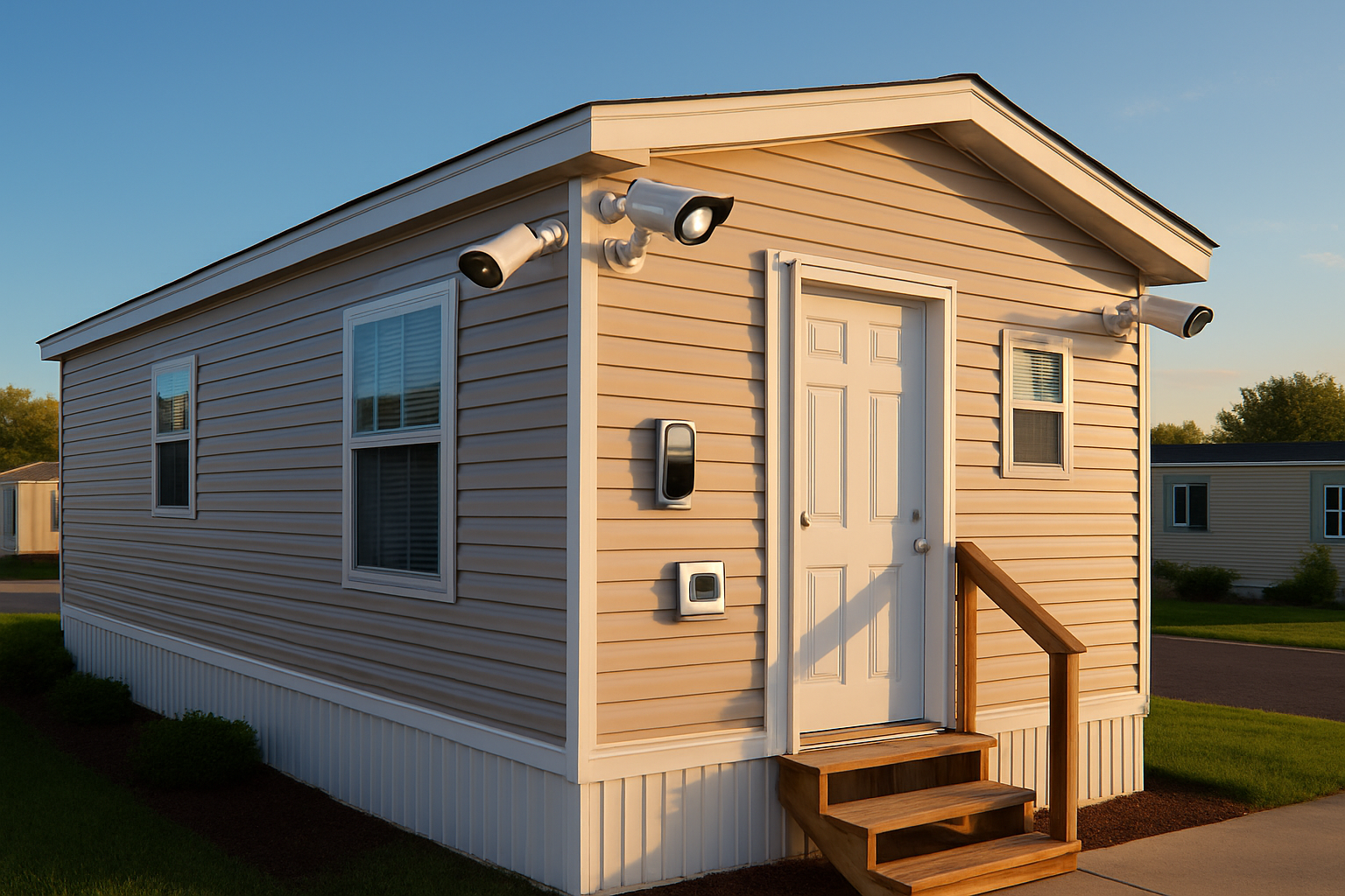 Create a realistic image of a modern mobile home exterior with advanced security surveillance equipment including wireless security cameras mounted on corners, motion sensor lights, a video doorbell system, and a small security control panel visible near the entrance, set in a well-maintained mobile home park during golden hour lighting with clear blue sky, showcasing the integration of high-tech security solutions specifically designed for mobile living spaces, absolutely NO text should be in the scene.