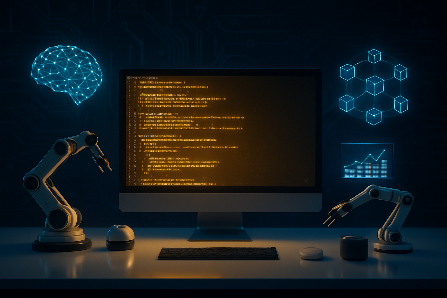 Create a realistic image of a modern technology workspace featuring a large digital screen displaying Python programming code with a golden glow, surrounded by futuristic holographic projections of AI brain networks, blockchain nodes, and data visualization charts floating in mid-air, with sleek robotic arms and IoT devices positioned on a glossy white desk, illuminated by soft blue ambient lighting against a dark tech-inspired background with circuit board patterns, creating an atmosphere of innovation and technological advancement, absolutely NO text should be in the scene.