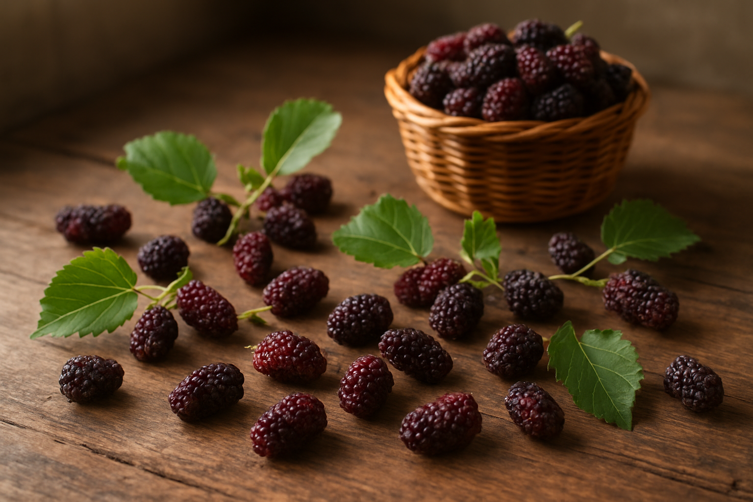 Create a realistic image of fresh purple and dark red mulberries scattered on a rustic wooden table, with some mulberries still attached to small green branches with serrated leaves, a small wicker basket filled with ripe mulberries in the background, soft natural lighting streaming from a window creating gentle shadows, creating a warm and inviting harvest scene that showcases the beauty and abundance of these nutritious fruits, absolutely NO text should be in the scene.