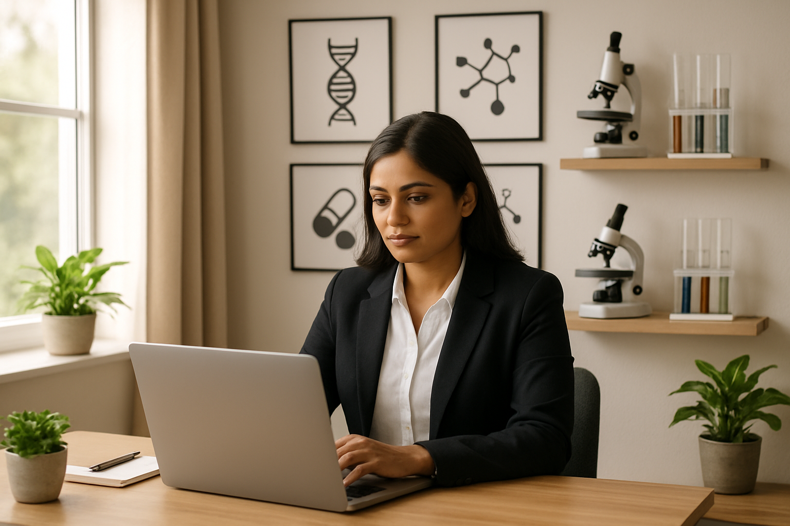 Create a realistic image of a modern home office setup with a South Asian female scientist in her 30s working remotely on a laptop, wearing a professional blazer, with laboratory equipment like microscopes and test tubes visible on floating shelves in the background, multiple career opportunity symbols including DNA helixes, molecular structures, and pharmaceutical icons displayed as decorative wall art, warm natural lighting streaming through a window, plants adding a fresh ambiance, and a clean organized workspace conveying professionalism and scientific expertise, absolutely NO text should be in the scene.