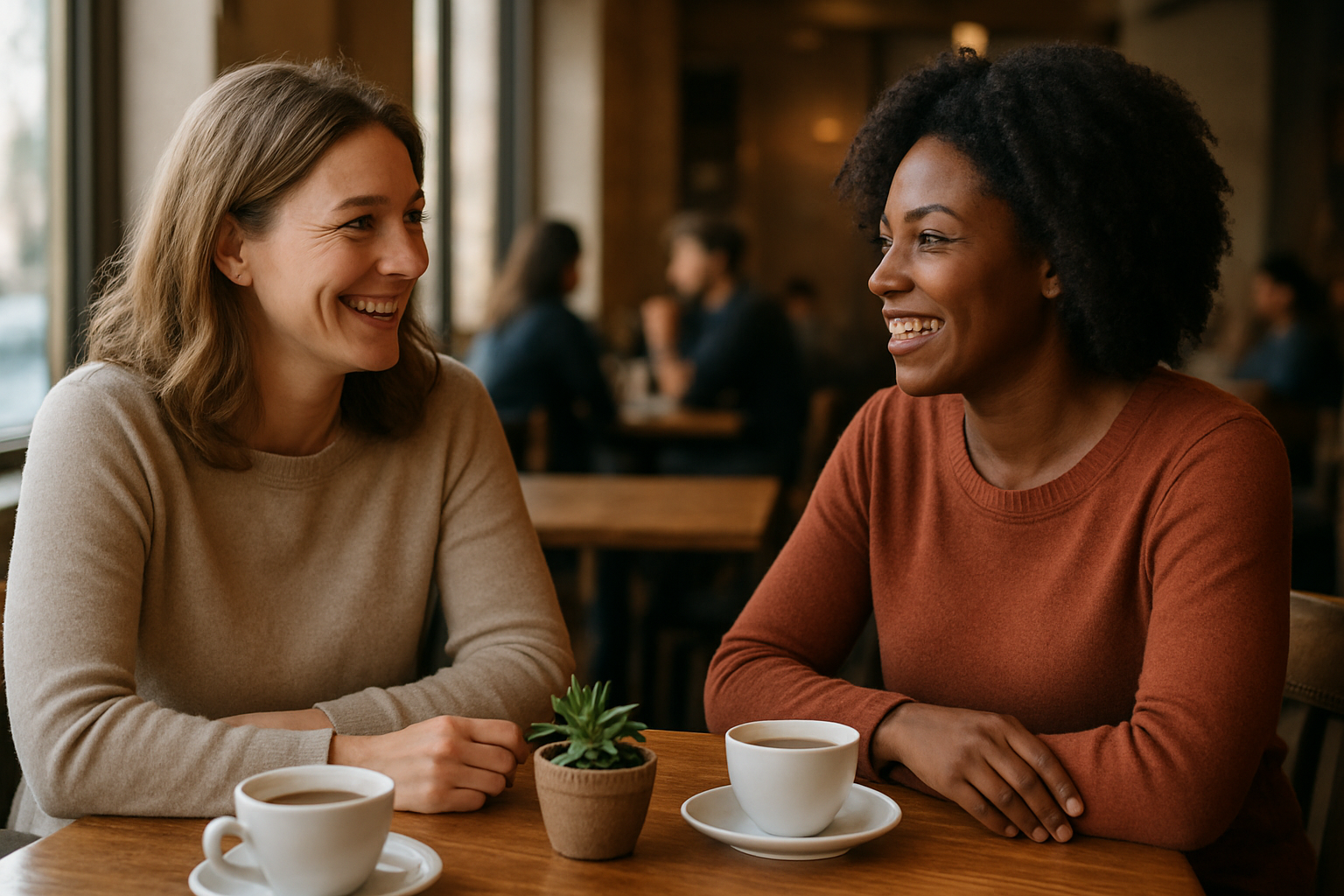 Create a realistic image of two adult women, one white and one black, sitting across from each other at a cozy coffee shop table, both smiling warmly while engaged in friendly conversation, with coffee cups and a small potted plant on the wooden table between them, soft natural lighting streaming through a nearby window creating a welcoming atmosphere, other patrons blurred in the background suggesting a comfortable social setting, both women appearing relaxed and genuinely interested in their interaction, representing the formation of new adult friendships, absolutely NO text should be in the scene.