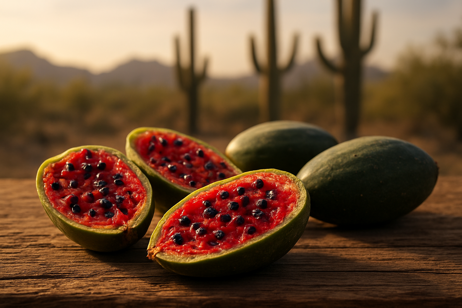 Create a realistic image of split open saguaro cactus fruits revealing bright red pulp with black seeds inside, arranged on a rustic wooden surface with whole unopened dark green oval-shaped saguaro pods nearby, desert landscape with towering saguaro cacti visible in the soft-focused background, warm golden hour lighting casting gentle shadows, emphasizing the nutritious interior of the desert fruit, absolutely NO text should be in the scene.