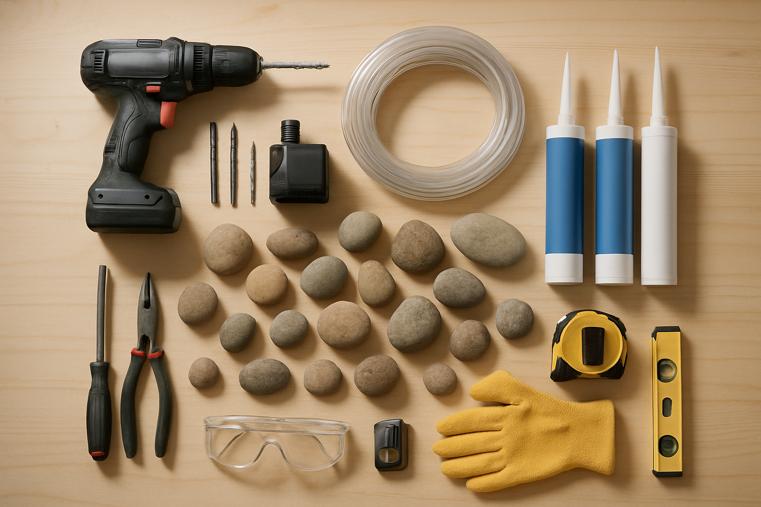 Create a realistic image of a flat lay arrangement on a clean wooden workbench showing essential DIY fountain tools and materials including a drill with various drill bits, submersible water pump, flexible tubing, natural river rocks of different sizes, waterproof sealant tubes, measuring tape, level tool, rubber gloves, safety glasses, and small hand tools like pliers and screwdriver, all organized neatly with soft natural lighting from above creating gentle shadows, professional workshop atmosphere with neutral background. Absolutely NO text should be in the scene.