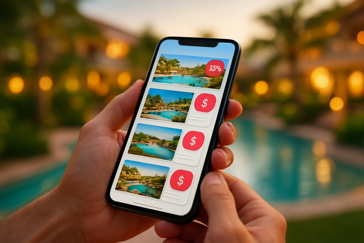 realistic image of a person's hands holding a modern smartphone displaying a travel booking app interface with discount icons and price tags visible on the screen, with a blurred background of a luxurious resort with lush greenery and water features, warm and inviting lighting, conveying excitement and ease of accessing exclusive travel deals. Absolutely NO text should be in the scene.