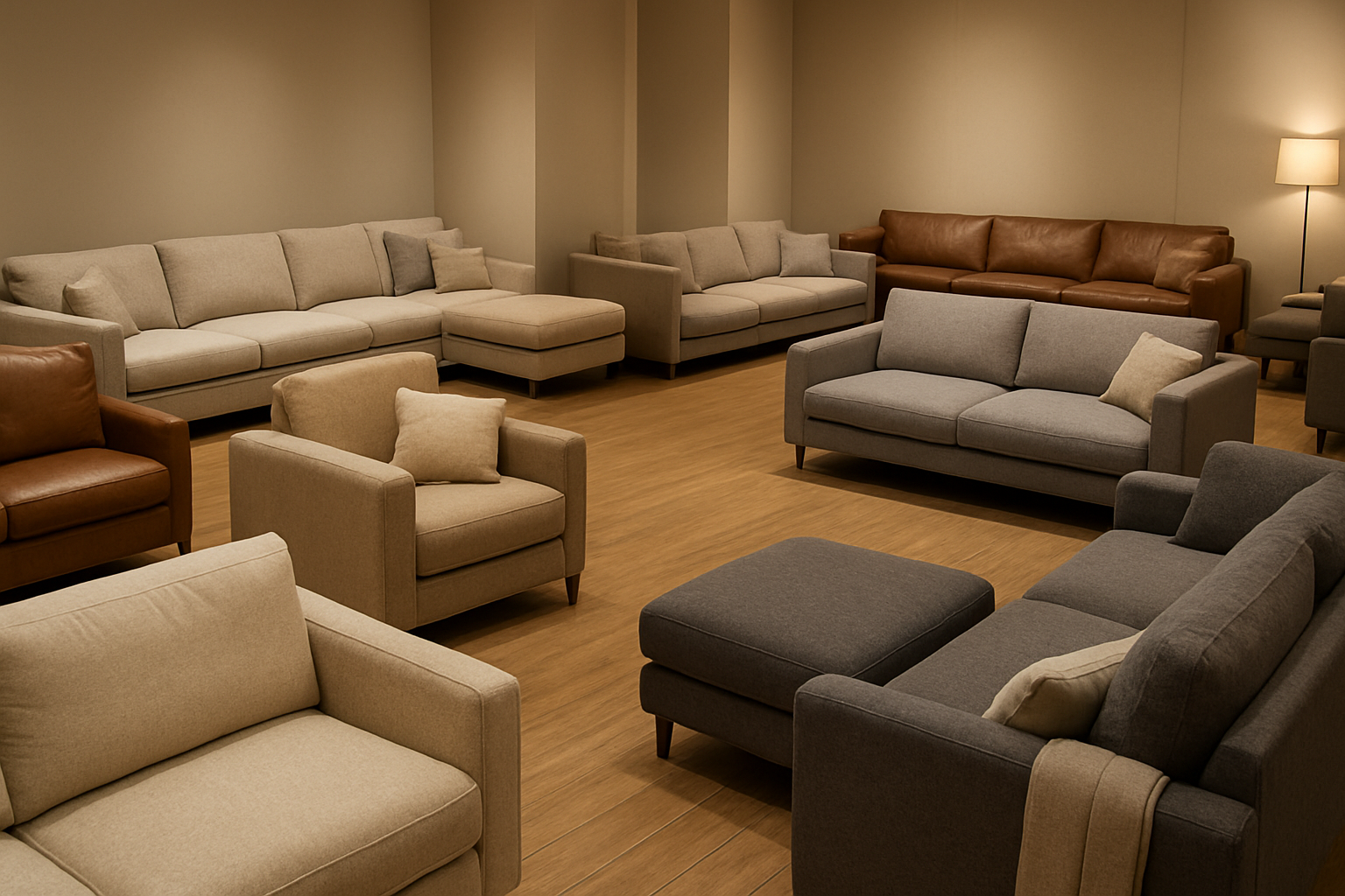 Create a realistic image of a modern furniture showroom displaying various sofa designs and styles, featuring different couch models including sectional sofas, traditional three-seater sofas, and contemporary designs in various colors like beige, gray, and brown, with fabric and leather upholstery options, arranged in an elegant interior setting with warm lighting, wooden flooring, and neutral walls, showcasing the diversity of sofa shapes from L-shaped to straight designs, with decorative pillows and throws, absolutely NO text should be in the scene.