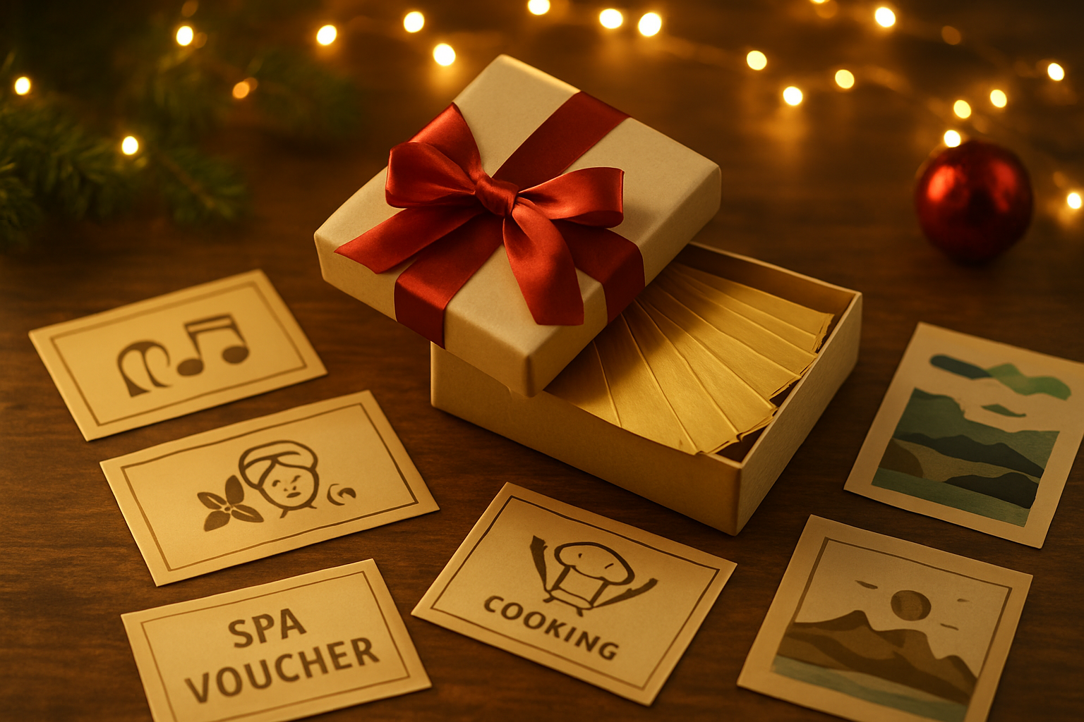 Create a realistic image of a beautifully wrapped gift box opened to reveal golden tickets or vouchers spilling out, surrounded by symbolic representations of experiences like a concert ticket, spa treatment voucher, cooking class certificate, and travel brochures, arranged on a warm wooden table with soft Christmas lighting from fairy lights in the background, creating a cozy and inviting atmosphere that suggests thoughtful gift-giving focused on memorable experiences rather than material objects, with warm golden and red tones throughout the scene, absolutely NO text should be in the scene.