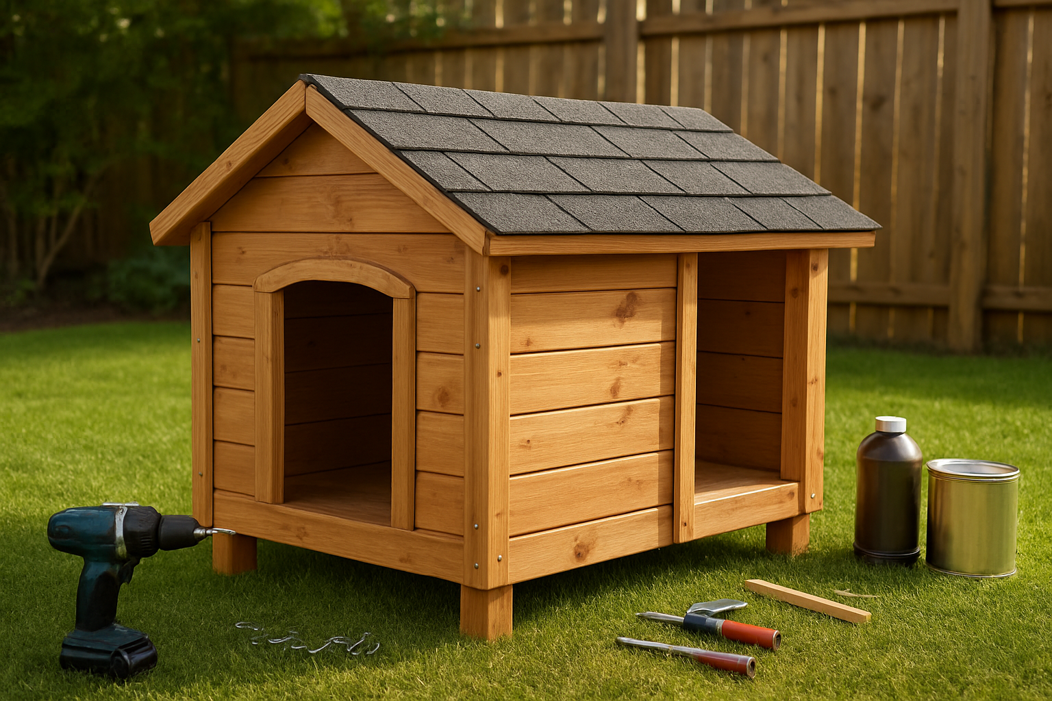 Create a realistic image of a nearly completed weatherproof dog house in a backyard setting, showing the final assembly stage with wooden panels being attached, screws and hardware scattered nearby, a drill and basic tools on the ground, weatherproof stain or sealant containers visible, the structure featuring a slanted roof with shingles, raised floor, and entrance hole, surrounded by green grass with a wooden fence in the background, bright natural daylight illuminating the scene, conveying a sense of accomplishment and professional craftsmanship, absolutely NO text should be in the scene.