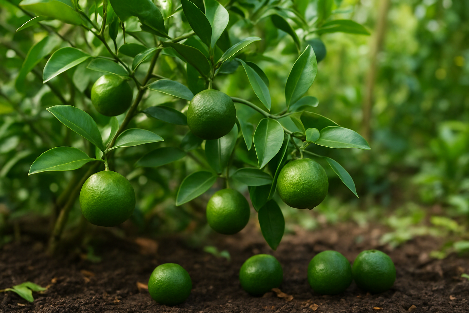 Create a realistic image of fresh calamansi fruits in their natural growing environment, showing green citrus fruits hanging from tree branches with glossy green leaves, displaying both ripe and unripe calamansi in various stages of development, set against a tropical garden background with soft natural daylight filtering through foliage, emphasizing the small round shape and distinctive appearance of the citrus fruits, with some fallen fruits on rich dark soil beneath the tree, creating an authentic representation of calamansi cultivation and natural habitat, absolutely NO text should be in the scene.