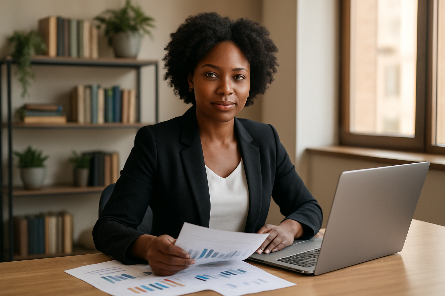 Create a realistic image of a confident black female entrepreneur sitting at a modern office desk with a laptop open, reviewing business documents and charts, with a professional workspace background featuring shelves with books and plants, warm natural lighting from a window, conveying success and determination in a contemporary business environment, absolutely NO text should be in the scene.