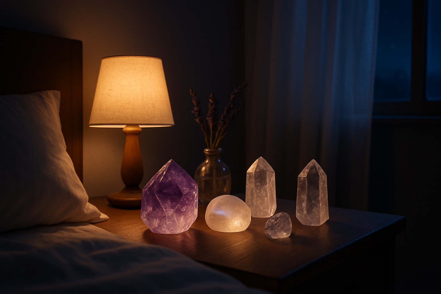 Create a realistic image of a serene nighttime bedroom scene featuring a collection of polished crystals including amethyst, moonstone, and clear quartz arranged on a wooden nightstand beside a comfortable bed with white linens, soft ambient lighting from a small bedside lamp casting gentle shadows, a peaceful sleeping environment with lavender sprigs in a small vase, the crystals glowing softly in the warm light creating a calming atmosphere, dark blue night sky visible through a partially open window with sheer curtains, the overall mood tranquil and restful suggesting deep peaceful sleep, absolutely NO text should be in the scene.