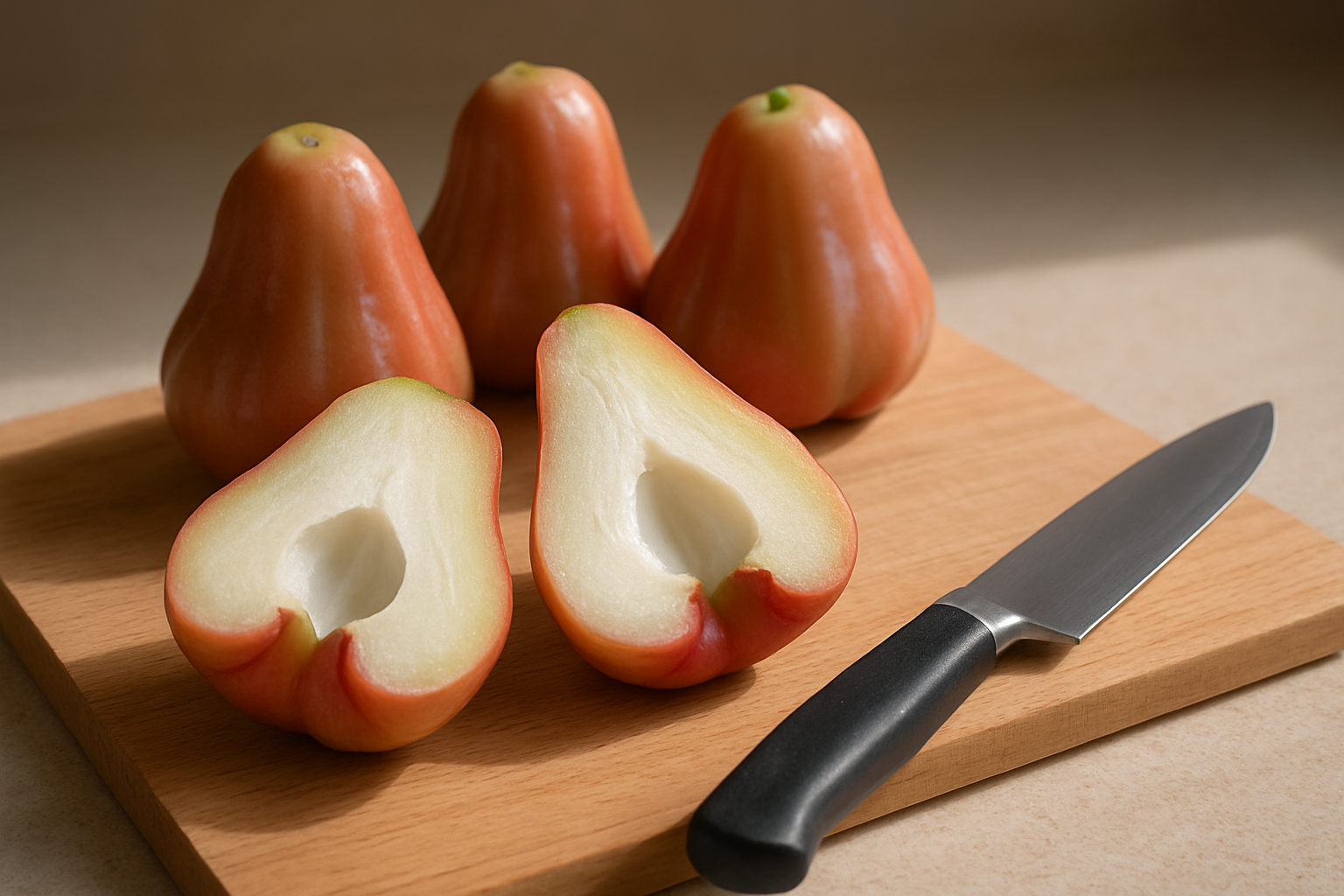 Create a realistic image of fresh rose apple fruits cut open to reveal their crisp white flesh and hollow cavity, with whole rose apples arranged nearby showing their bell-shaped form and waxy pink-green skin, displayed on a natural wooden cutting board with a sharp knife beside them, soft natural lighting highlighting the fruit's glossy texture and juicy appearance, clean kitchen counter background with subtle shadows, emphasizing the fruit's unique bell-like shape and refreshing qualities, absolutely NO text should be in the scene.