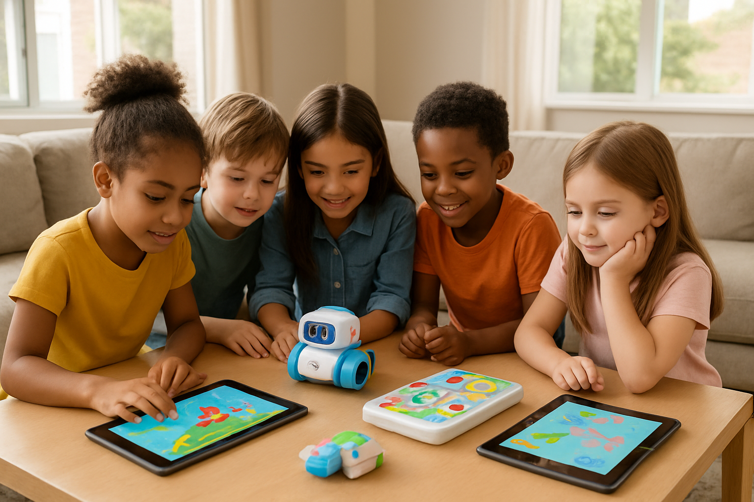 Create a realistic image of a diverse group of children ages 4-12 including white, black, and Hispanic boys and girls gathered around a modern coffee table displaying various educational tech devices like tablets with learning apps, coding robots, interactive STEM kits, and kid-friendly smartwatches, with the children appearing engaged and curious while some devices show colorful educational content on their screens, set in a bright, modern living room with natural lighting from large windows, creating a warm and inviting atmosphere that emphasizes both technology and learning, absolutely NO text should be in the scene.