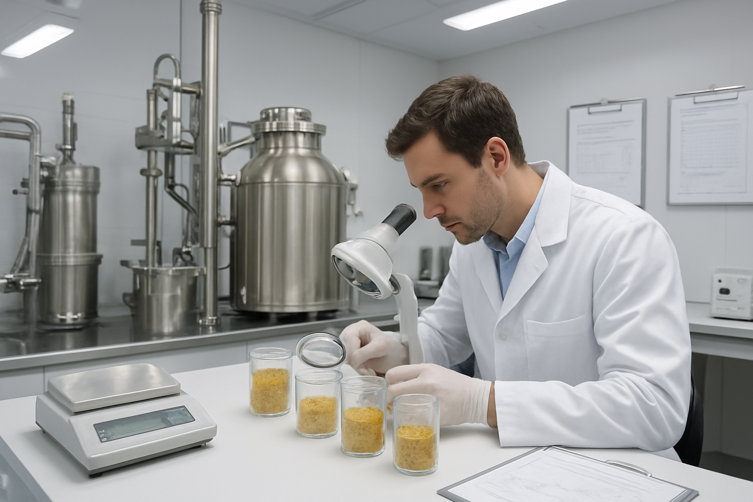 Create a realistic image of a high-tech gold refining laboratory with gleaming stainless steel equipment, precision scales, and testing instruments, featuring pure gold dust samples in glass containers on a clean white laboratory bench, with quality control charts and certification documents visible on clipboards, under bright fluorescent lighting that creates a sterile, professional atmosphere, with a white male technician in a clean lab coat examining gold samples through a magnifying device, absolutely NO text should be in the scene.