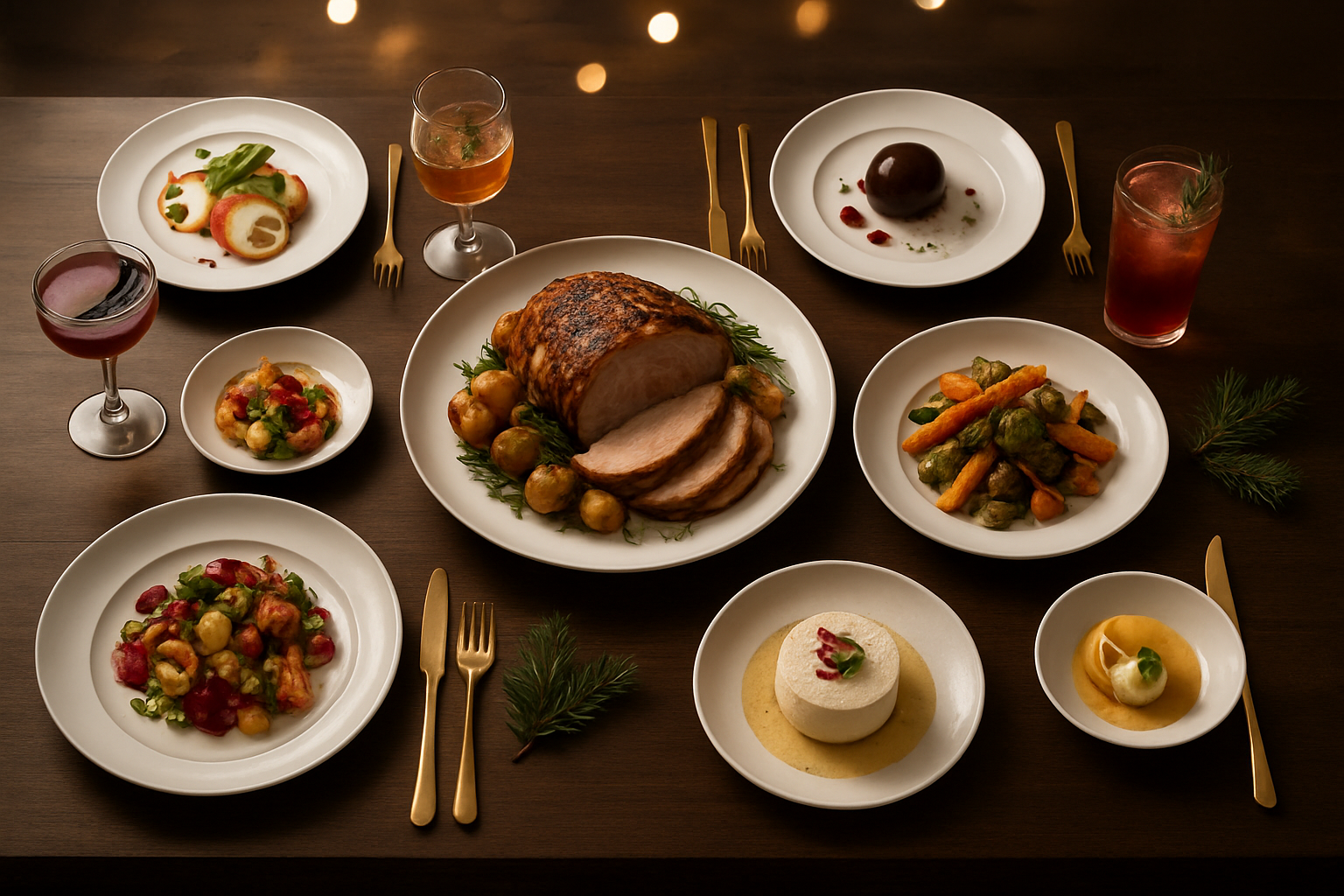Create a realistic image of an elegant modern Christmas dining table scene viewed from above, featuring a beautifully arranged holiday feast with contemporary plated dishes including artfully presented appetizers, a stylishly carved main course, creatively plated colorful side dishes, sophisticated desserts with modern presentation, and festive cocktails in elegant glassware, all arranged on a sleek dark wooden table with minimalist white dinnerware, gold accent cutlery, subtle greenery sprigs, warm ambient lighting creating a cozy yet upscale atmosphere, with soft bokeh lights in the background suggesting a refined holiday celebration, absolutely NO text should be in the scene.