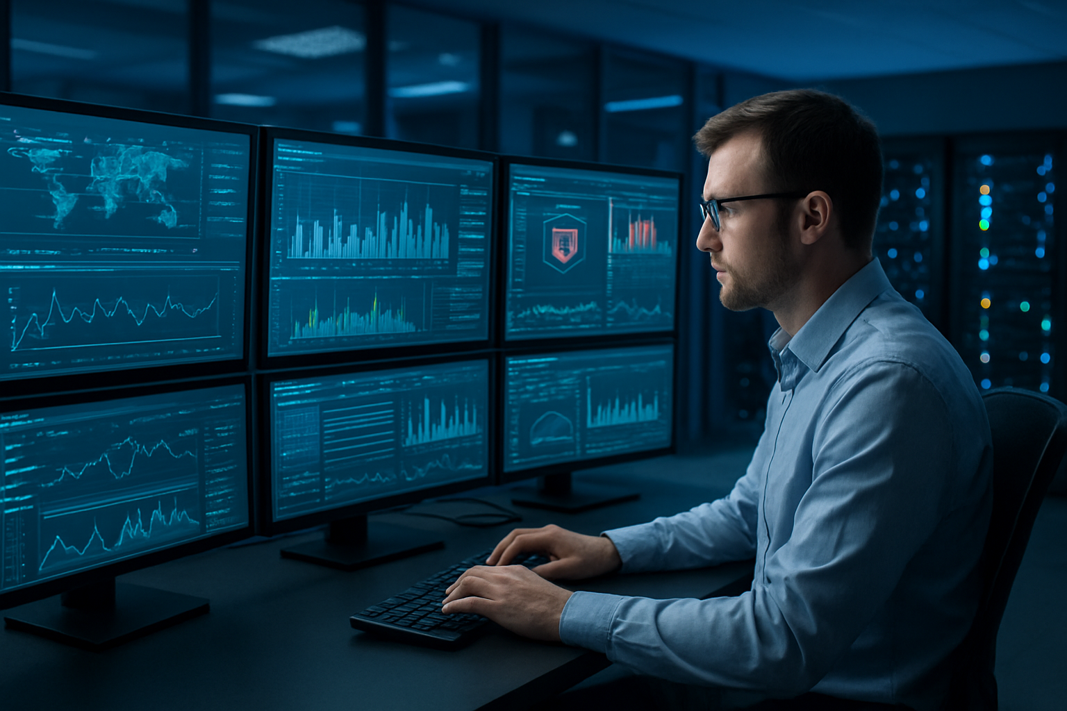 Create a realistic image of a cybersecurity operations center with multiple computer monitors displaying network traffic analytics dashboards, firewall interfaces, and bot detection software with graphs showing blocked malicious traffic, a white male IT security specialist in business casual attire monitoring the screens while typing on a keyboard, server racks with blinking LED lights in the background, modern office environment with blue ambient lighting, professional atmosphere focused on digital security monitoring, absolutely NO text should be in the scene.