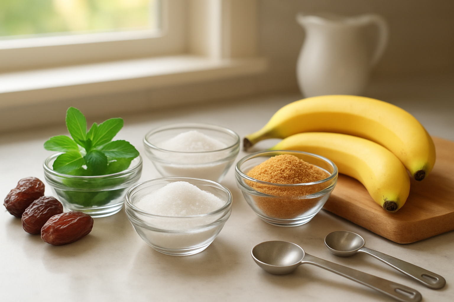 Create a realistic image of a bright, clean kitchen countertop with various natural sugar substitutes artfully arranged including small glass bowls containing stevia leaves, monk fruit sweetener, erythritol crystals, and coconut sugar, alongside fresh fruits like dates and bananas, with measuring spoons and a wooden cutting board nearby, soft natural lighting from a window, warm and inviting atmosphere suggesting healthy cooking preparation, absolutely NO text should be in the scene.