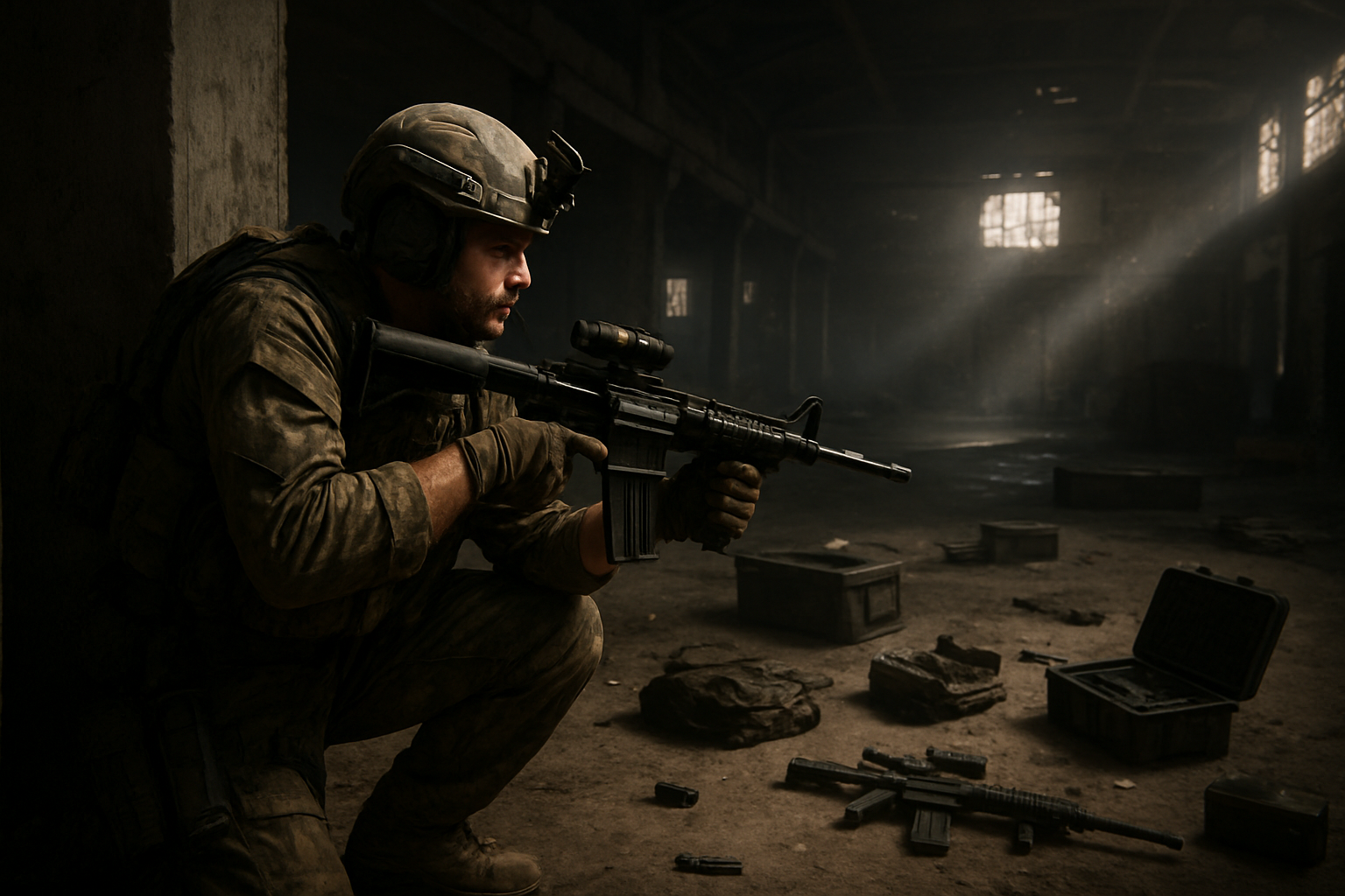 Create a realistic image of a tactical first-person shooter game scene showing a white male soldier in military gear crouched behind cover in an abandoned industrial warehouse, holding an assault rifle while scanning for threats, with scattered valuable loot items like weapons and equipment cases visible on concrete floors, dramatic lighting streaming through broken windows creating tense shadows, ammunition and tactical gear scattered around, conveying high-stakes risk-reward gameplay atmosphere, moody and intense lighting with dust particles in the air, absolutely NO text should be in the scene.