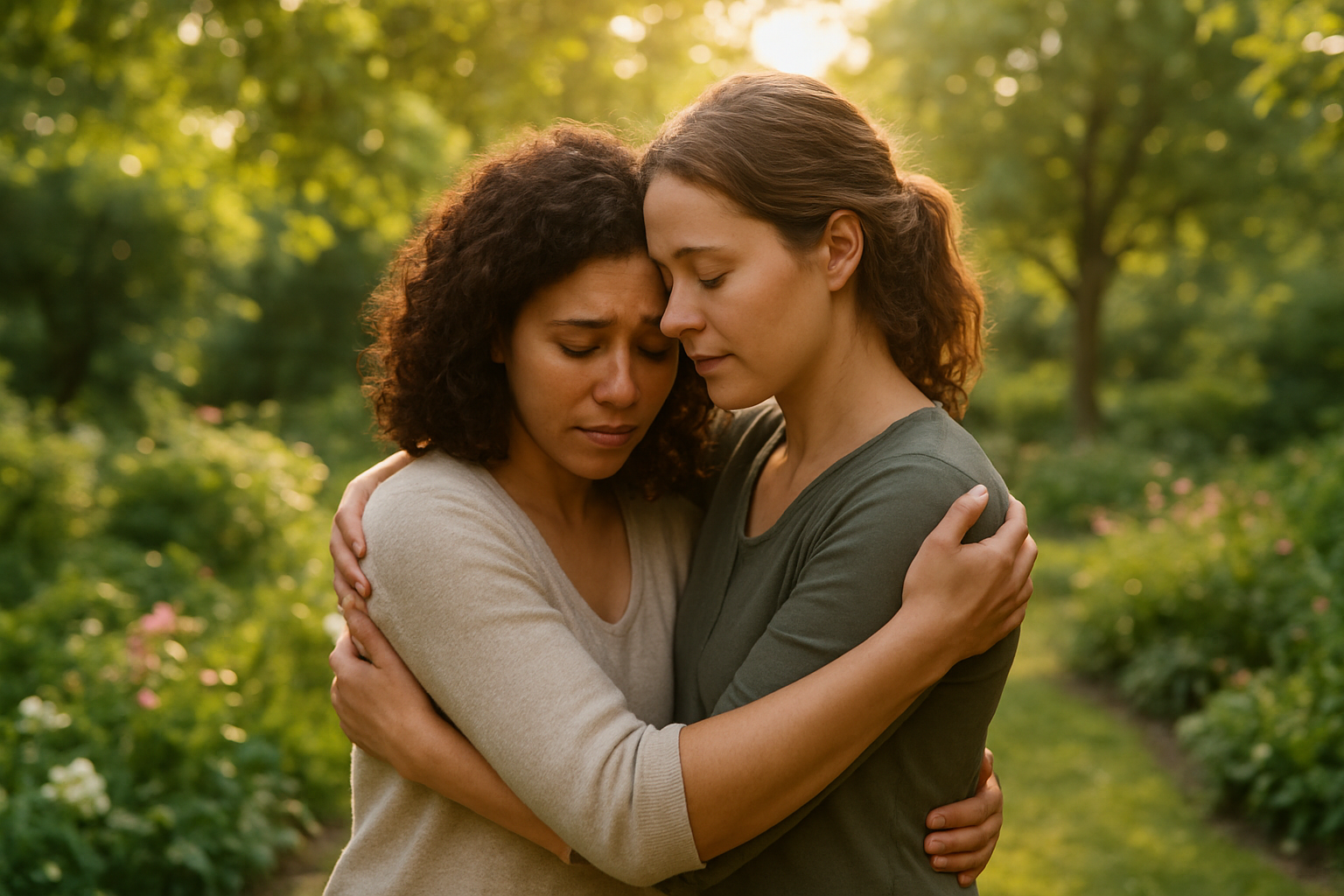 Create a realistic image of two people embracing in a peaceful garden setting, with one person appearing to offer comfort and forgiveness to the other, soft golden sunlight filtering through trees creating a warm and hopeful atmosphere, lush green foliage and blooming flowers in the background, gentle shadows and serene mood conveying transformation and healing, absolutely NO text should be in the scene.