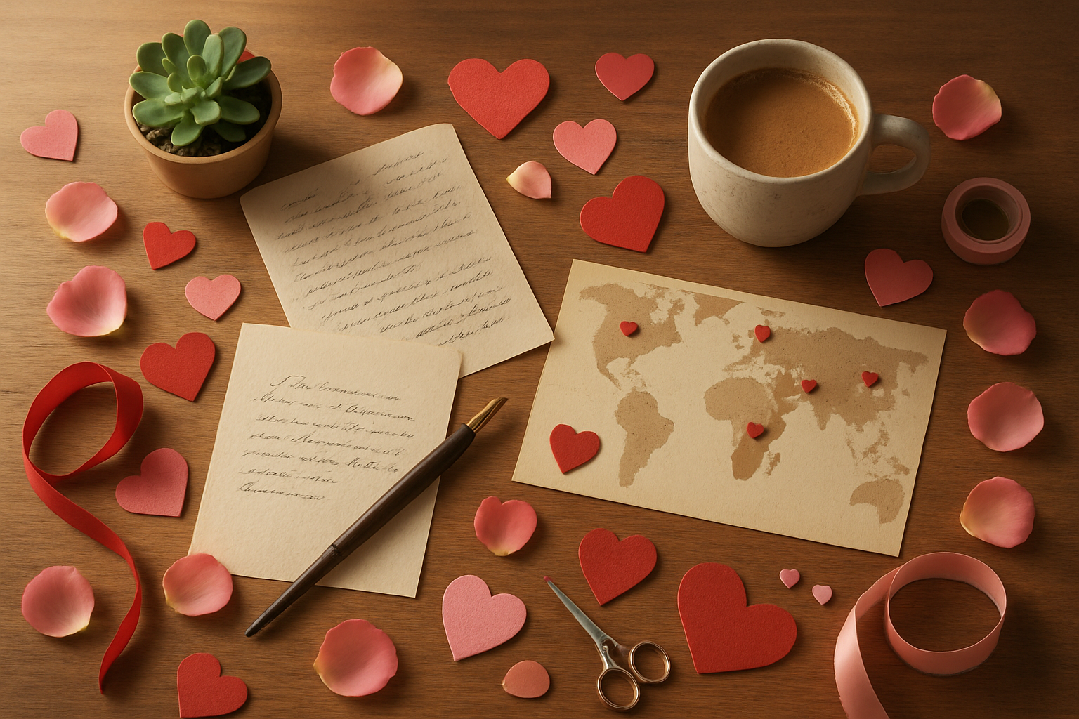 Create a realistic image of a warm, inviting flat lay scene featuring a wooden desk surface with scattered Valentine-themed elements including handwritten love letters, red and pink heart-shaped decorations, a small potted succulent plant, delicate rose petals, a vintage fountain pen, colorful craft supplies like ribbons and paper cutouts, a world map with small heart pins marking different countries, and a cozy cup of coffee, all arranged organically with soft natural lighting from a nearby window creating gentle shadows, conveying a sense of creativity, love, and global connection in warm pink and red tones. Absolutely NO text should be in the scene.