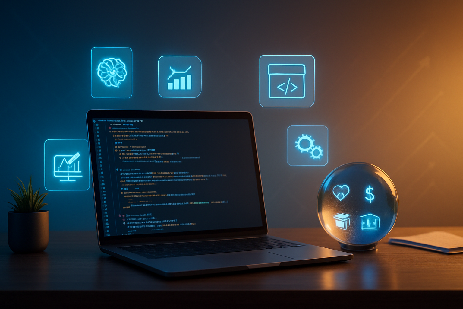 Create a realistic image of a modern office desk setup with a sleek laptop displaying Python code on the screen, surrounded by floating holographic icons representing AI, data science, web development, and automation technologies, with a crystal ball or glass sphere reflecting various industry symbols like healthcare, finance, and education, set against a gradient background transitioning from deep blue to bright gold suggesting transformation and future possibilities, with soft ambient lighting creating a forward-looking, optimistic atmosphere, and subtle geometric patterns in the background representing growth and technological advancement, absolutely NO text should be in the scene.