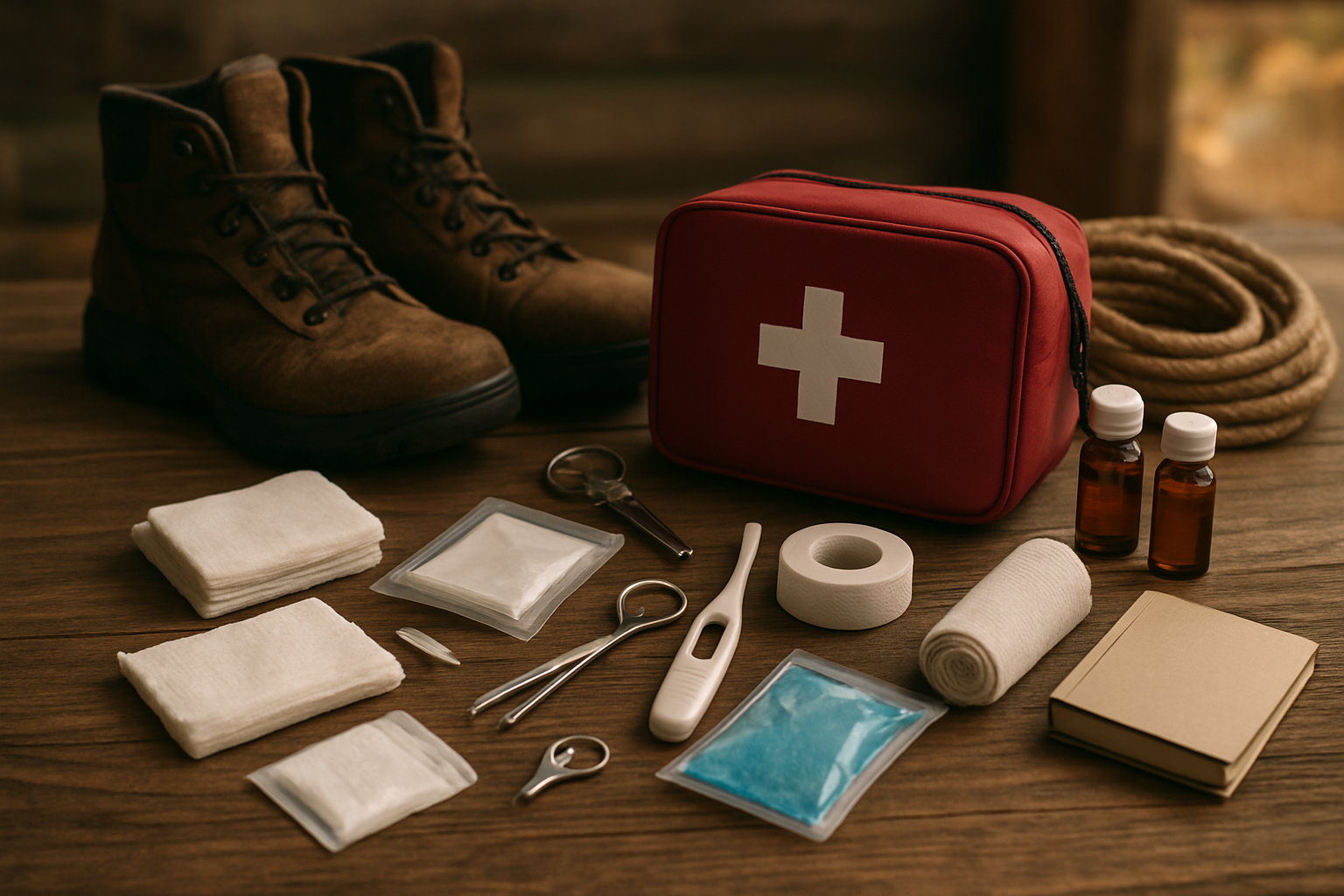 Create a realistic image of a well-organized wilderness medical kit laid out on a wooden surface with essential components clearly visible including bandages, antiseptic wipes, medical tape, scissors, thermometer, emergency medications in bottles, gauze pads, elastic bandages, instant cold packs, and a compact first aid manual, surrounded by outdoor adventure gear like hiking boots, compass, and rope in soft natural lighting with a rustic cabin or outdoor setting in the blurred background, absolutely NO text should be in the scene.