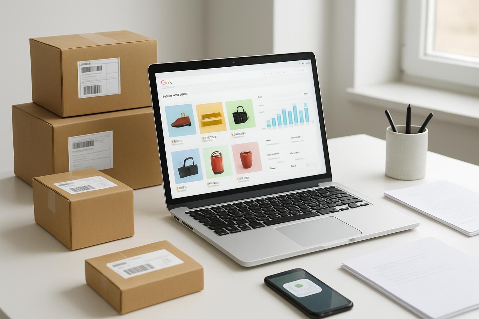 Create a realistic image of a clean modern workspace showing a laptop computer with eBay's website interface visible on the screen, displaying a completed seller dashboard with colorful product listings and sales metrics, surrounded by small packaged items ready for shipping with shipping labels, a smartphone showing payment notifications, and organized paperwork on a white desk, bright natural lighting from a window creating a professional and successful online business atmosphere, absolutely NO text should be in the scene.